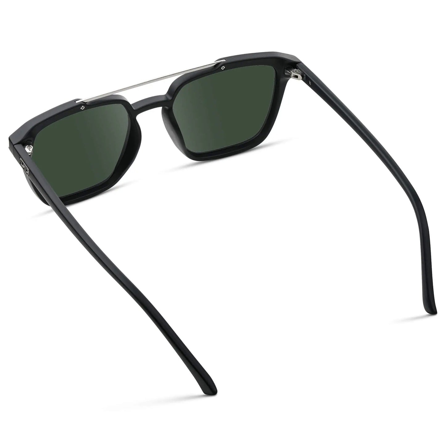 Matte Black / G15 || Back view of Men's Square Double Bridge Prescription Sunglasses with Matte Black Frame and Green Lenses on a white background