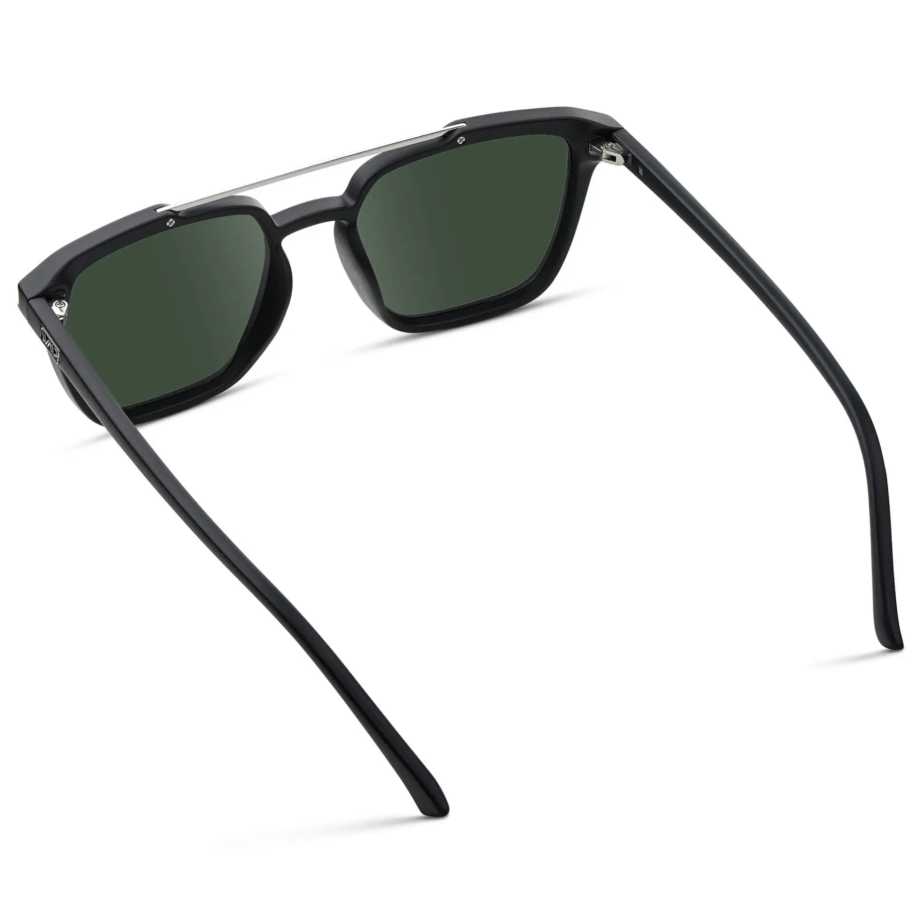 Matte Black / G15 || Back view of Men's Square Double Bridge Prescription Sunglasses with Matte Black Frame and Green Lenses on a white background