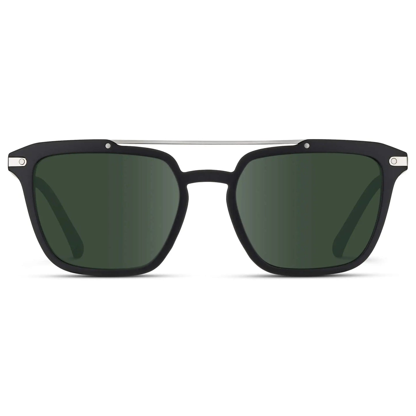 Matte Black / G15 || Men's Square Double Bridge Prescription Sunglasses with Matte Black Frame and Green Lenses on a white background