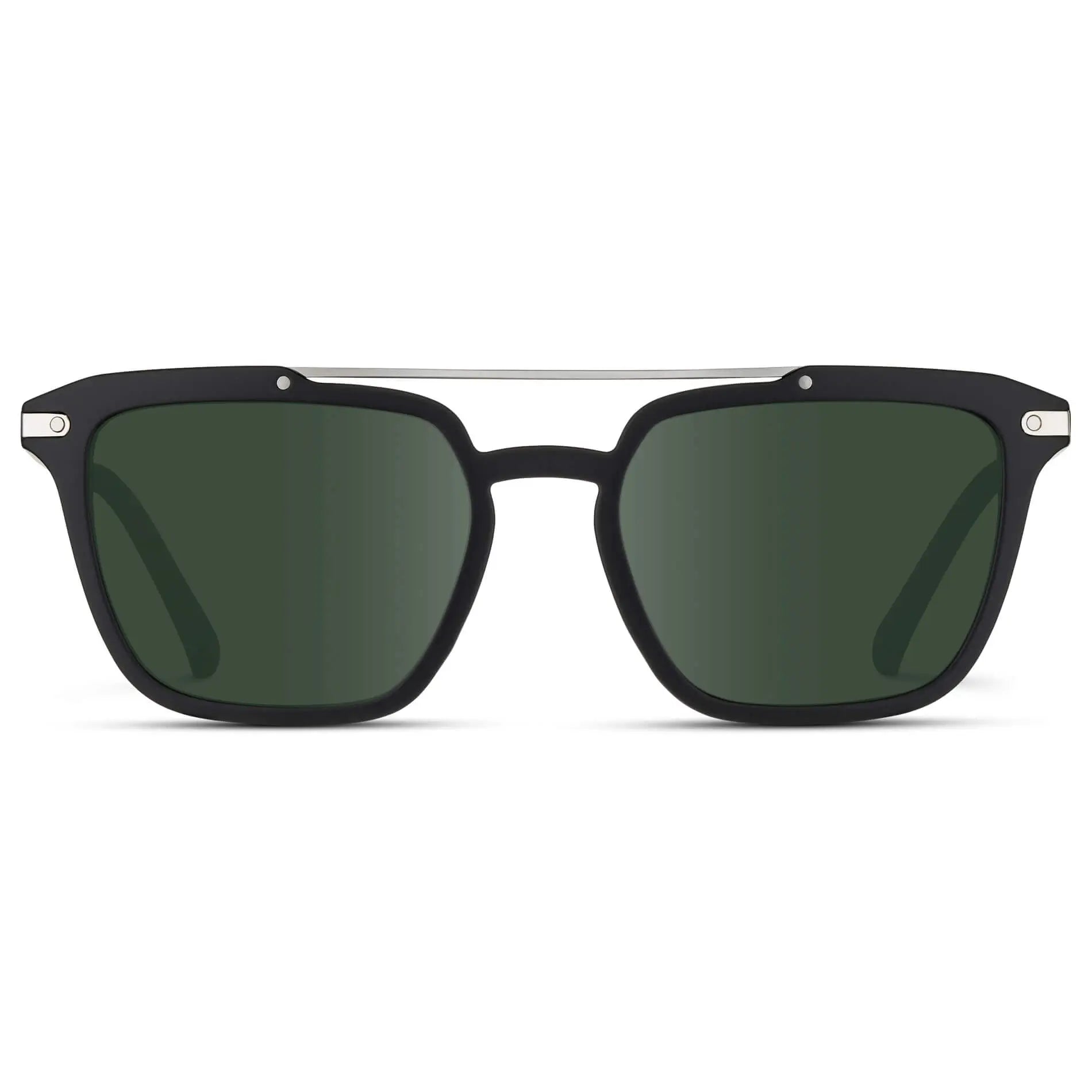 Matte Black / G15 || Men's Square Double Bridge Prescription Sunglasses with Matte Black Frame and Green Lenses on a white background
