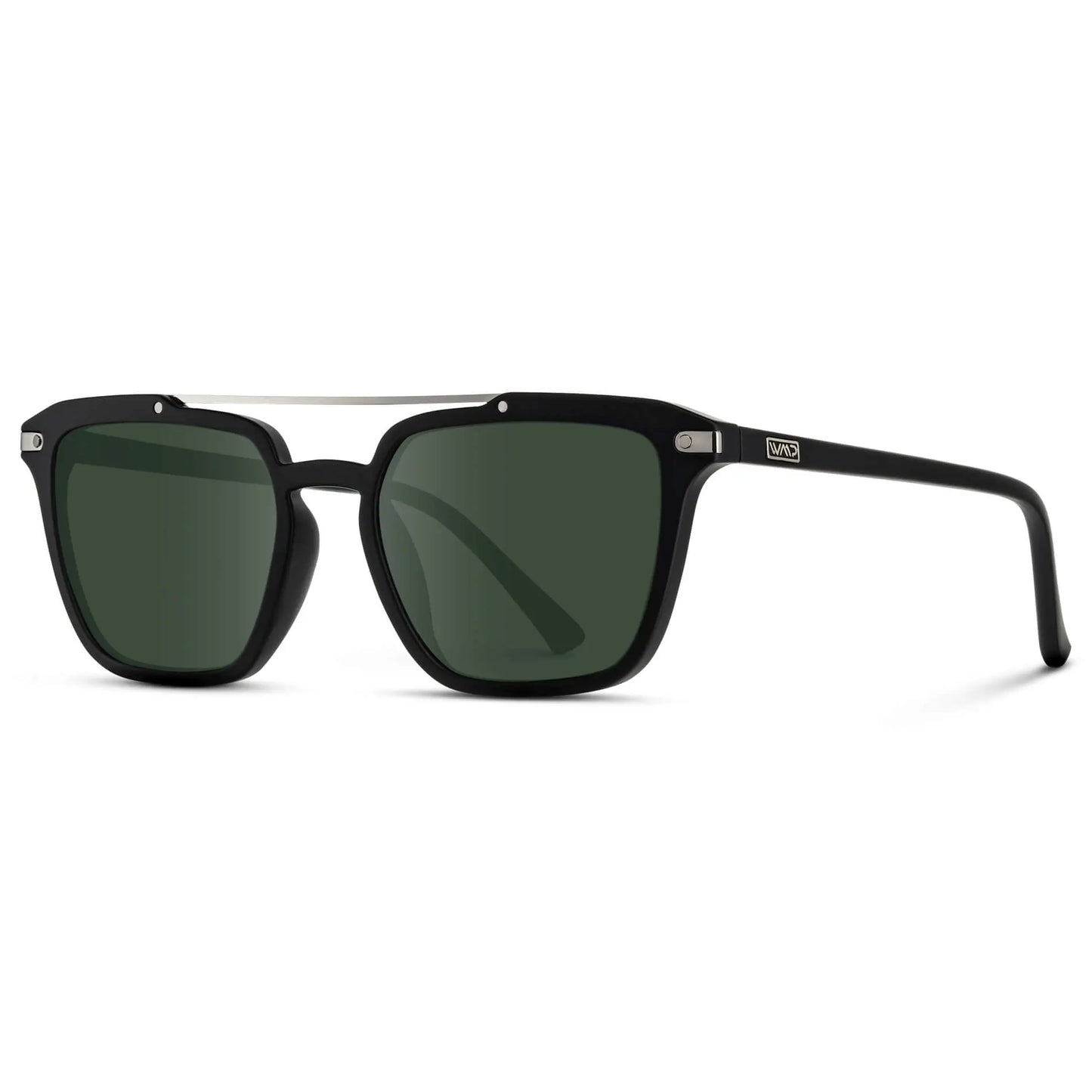 Matte Black / G15 || Side view of Men's Square Double Bridge Prescription Sunglasses with Matte Black Frame and Green Lenses on a white background