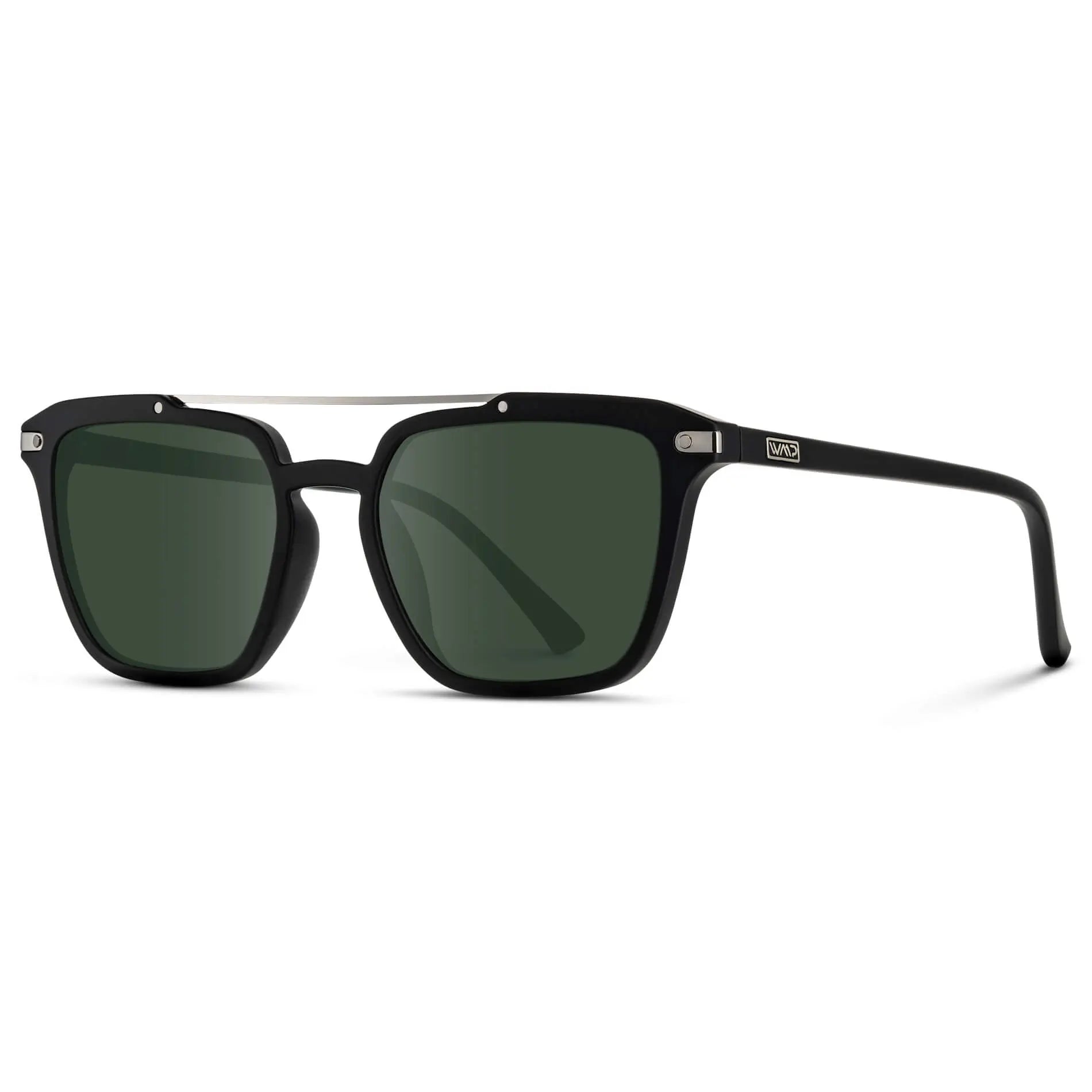 Matte Black / G15 || Side view of Men's Square Double Bridge Prescription Sunglasses with Matte Black Frame and Green Lenses on a white background