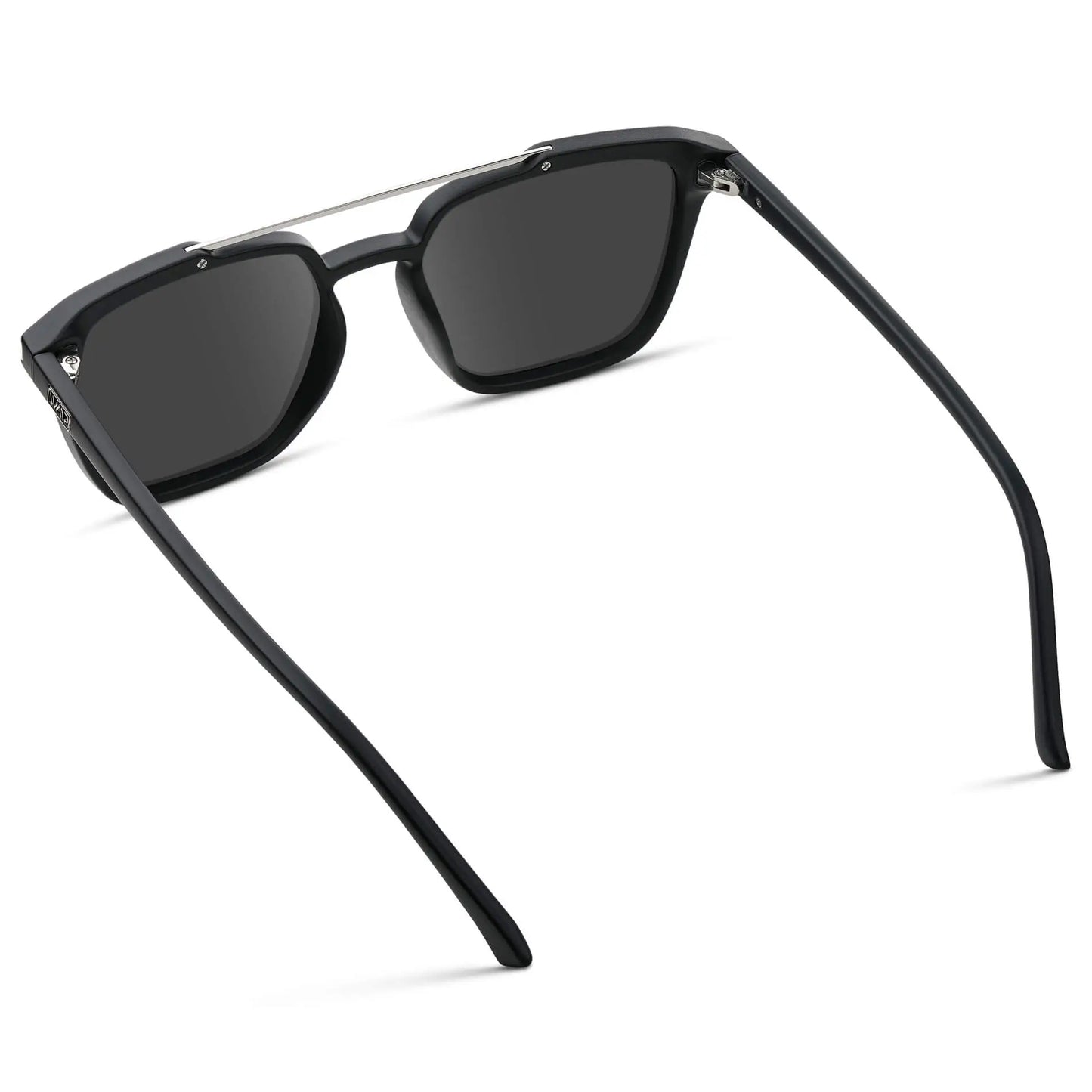 Matte Black / Grey || Back view of Men's Square Double Bridge Prescription Sunglasses with Matte Black Frame and Grey Lenses on a white background