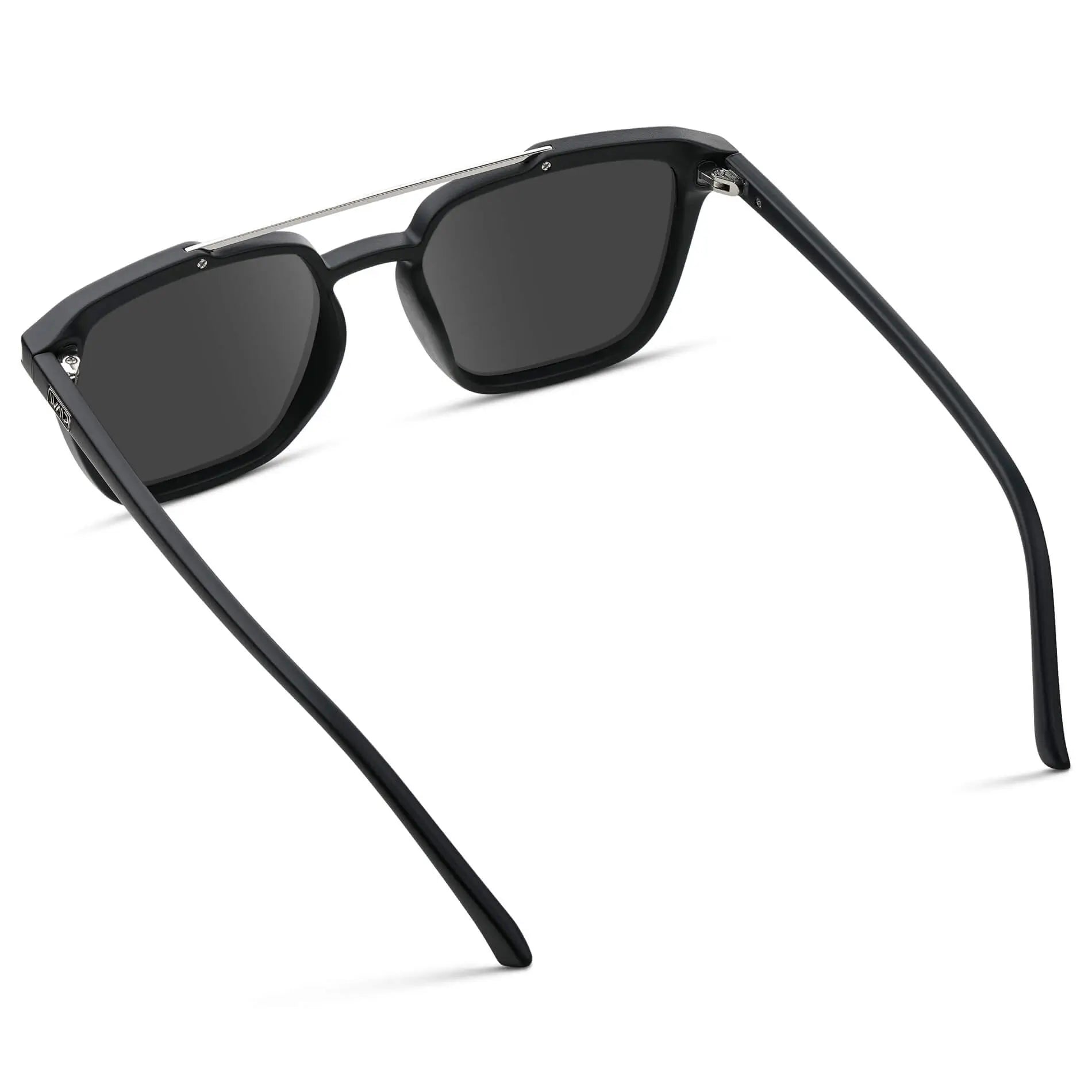 Matte Black / Grey || Back view of Men's Square Double Bridge Prescription Sunglasses with Matte Black Frame and Grey Lenses on a white background