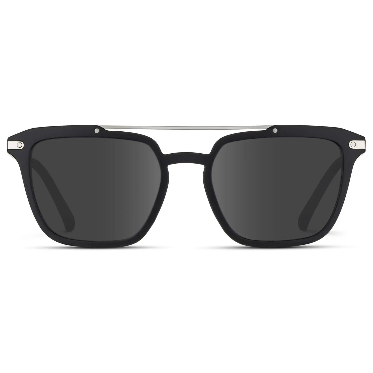 Matte Black / Grey || Men's Square Double Bridge Prescription Sunglasses with Matte Black Frame and Grey Lenses on a white background