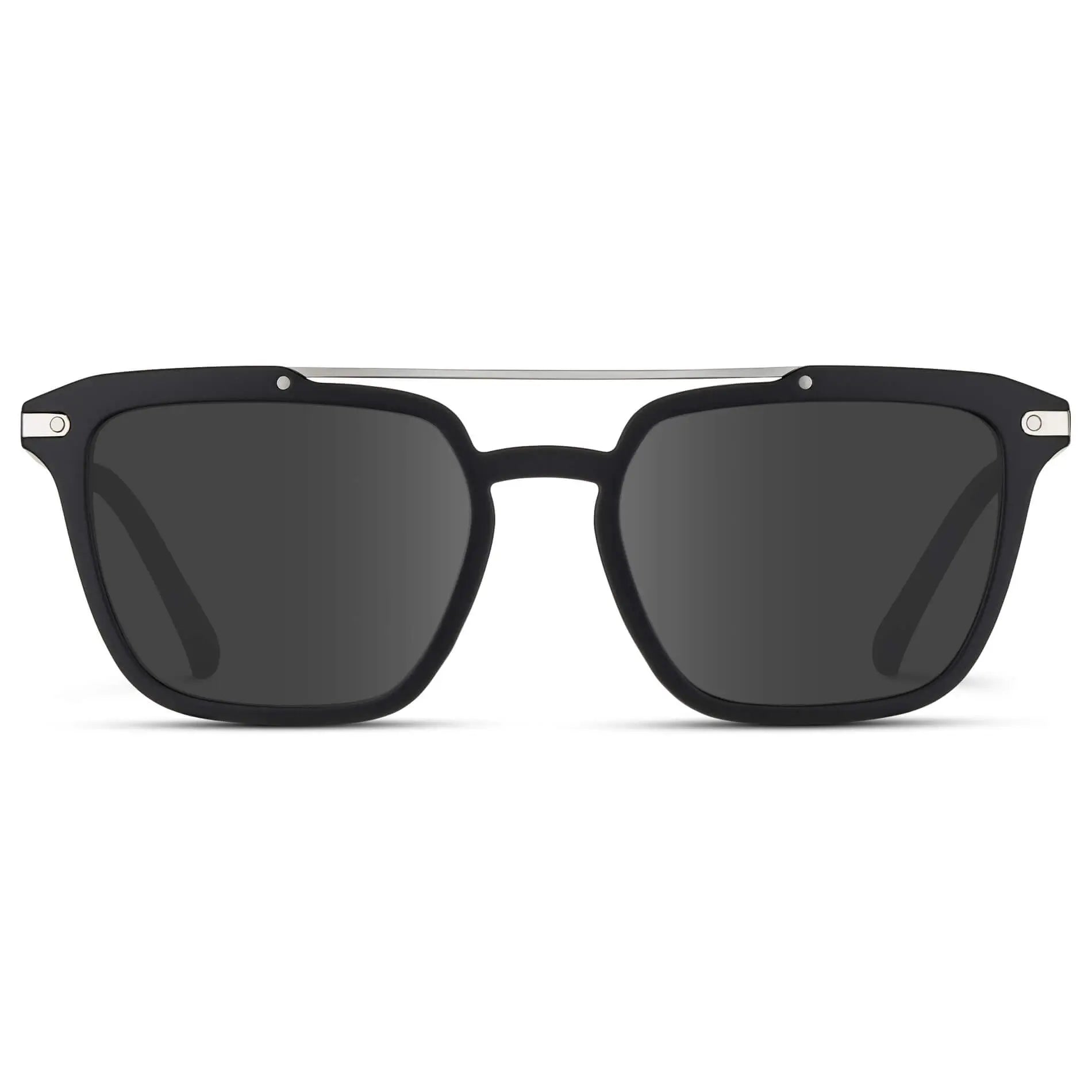 Matte Black / Grey || Men's Square Double Bridge Prescription Sunglasses with Matte Black Frame and Grey Lenses on a white background