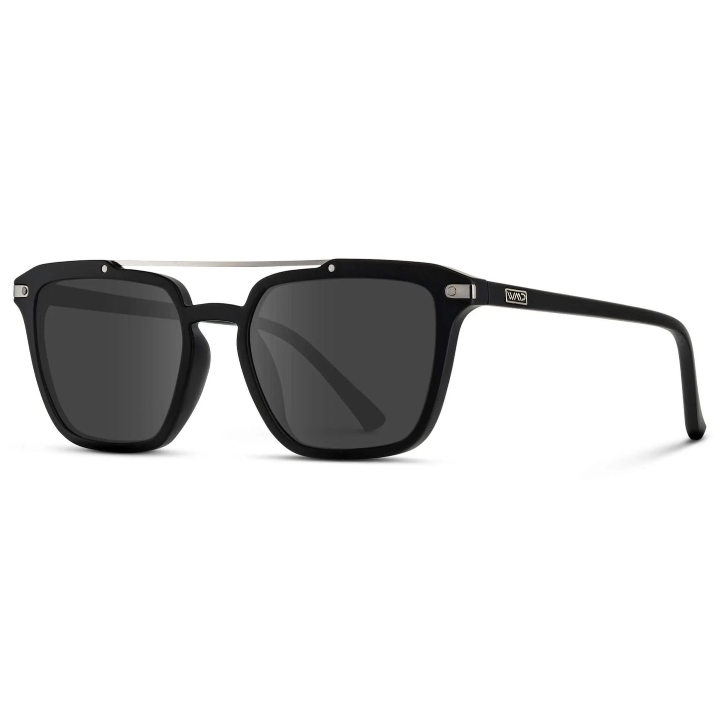 Matte Black / Grey || Side view of Men's Square Double Bridge Prescription Sunglasses with Matte Black Frame and Grey Lenses on a white background