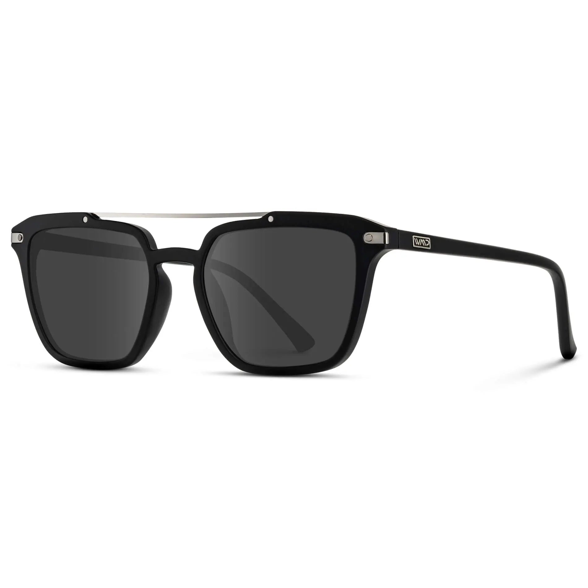 Matte Black / Grey || Side view of Men's Square Double Bridge Prescription Sunglasses with Matte Black Frame and Grey Lenses on a white background