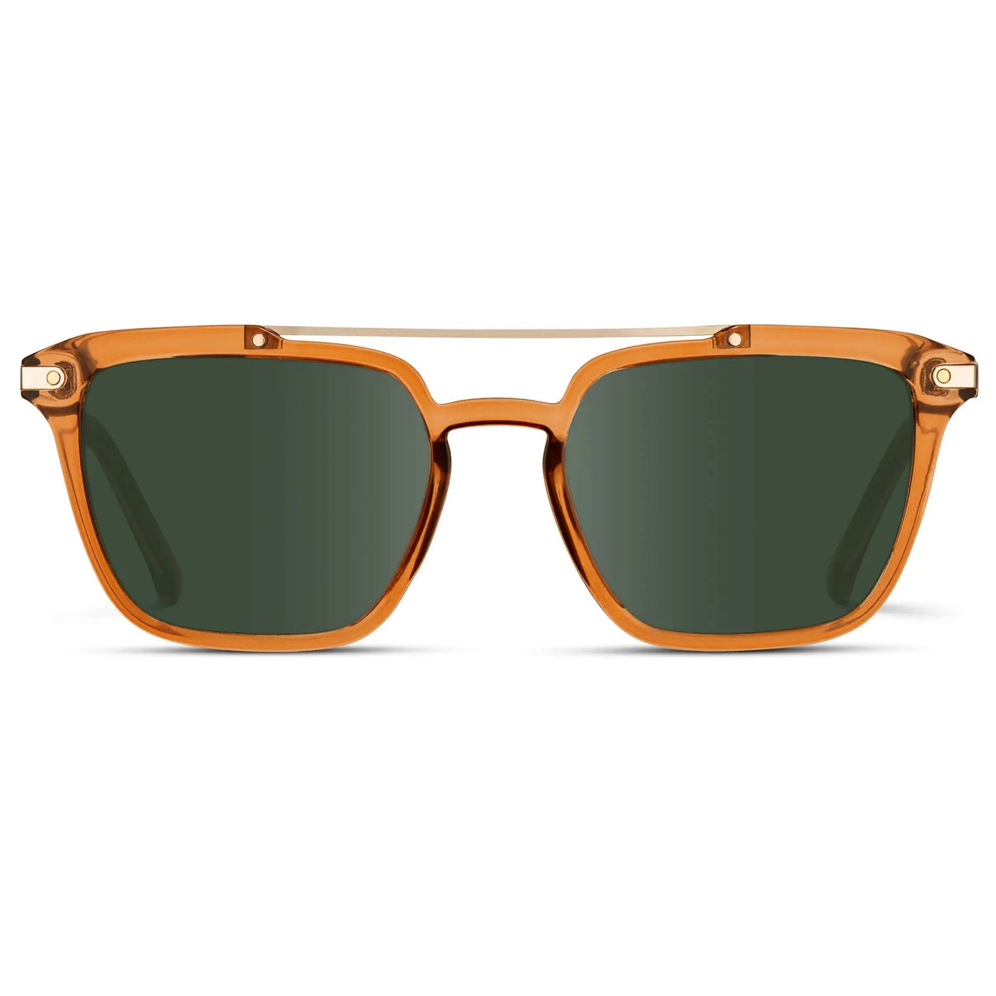 Crystal Brown / G15 || Men's Square Double Bridge Prescription Sunglasses with Crystal Brown Frame and Green Lenses on a white background