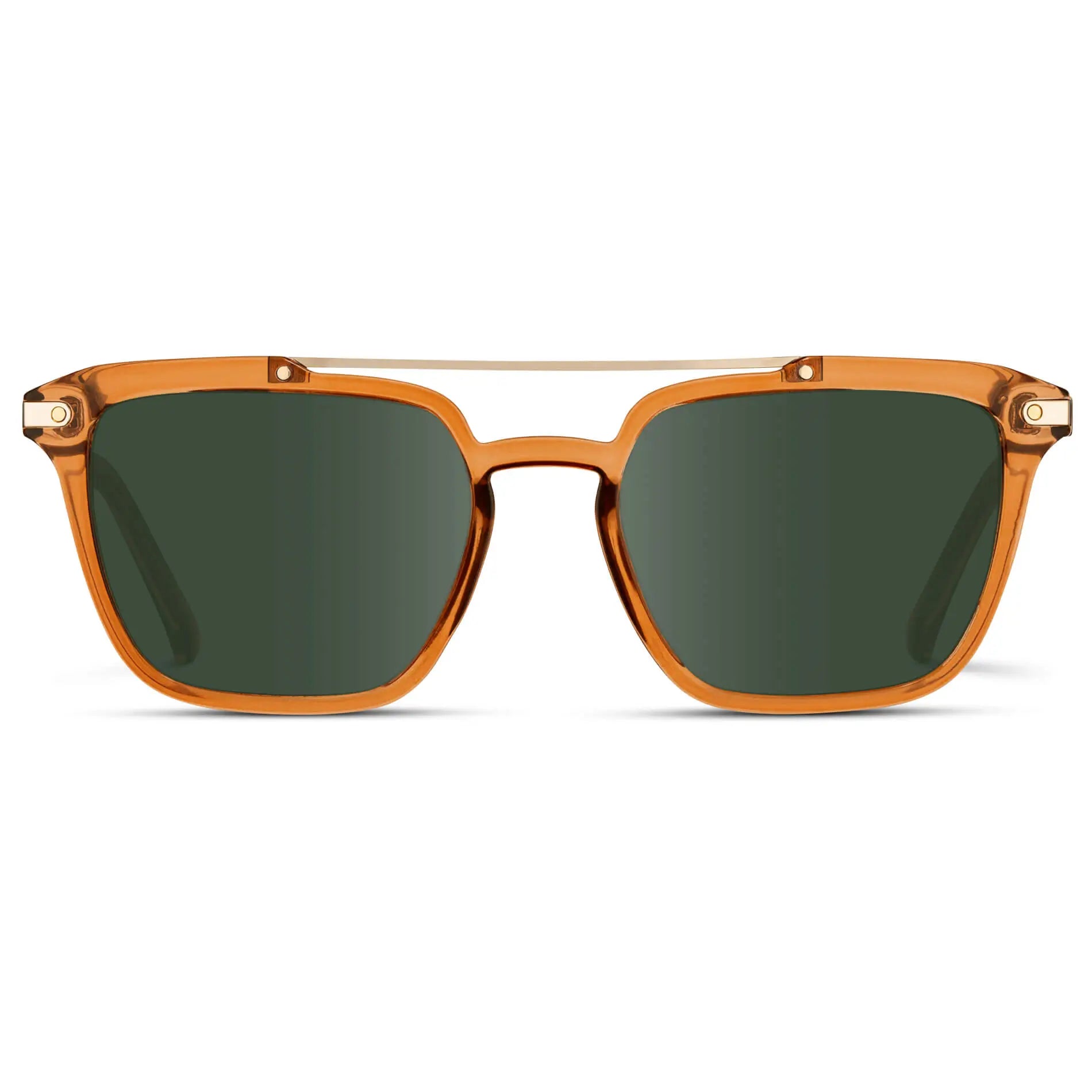Crystal Brown / G15 || Men's Square Double Bridge Prescription Sunglasses with Crystal Brown Frame and Green Lenses on a white background