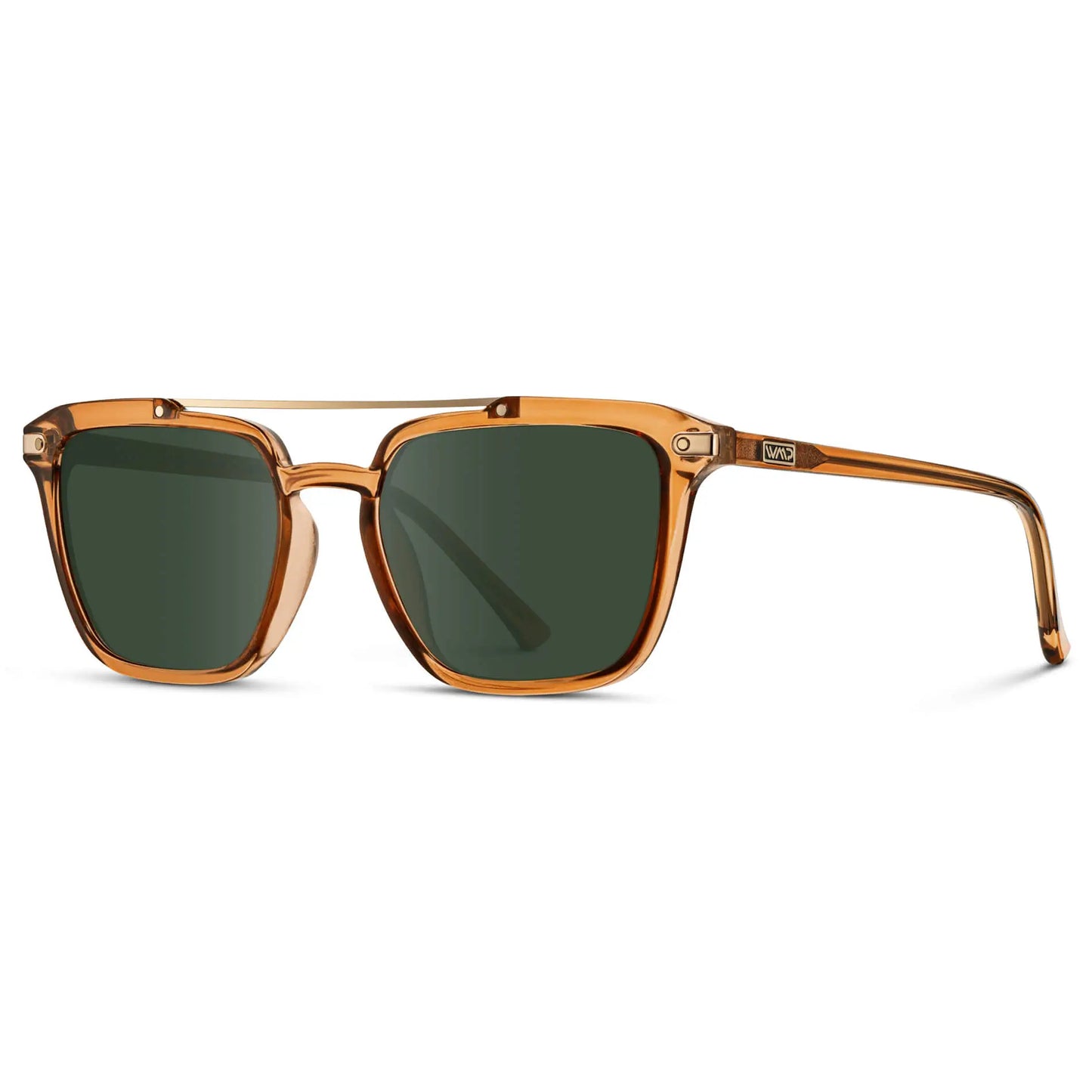 Crystal Brown / G15 || Side view of Men's Square Double Bridge Prescription Sunglasses with Crystal Brown Frame and Green Lenses on a white background
