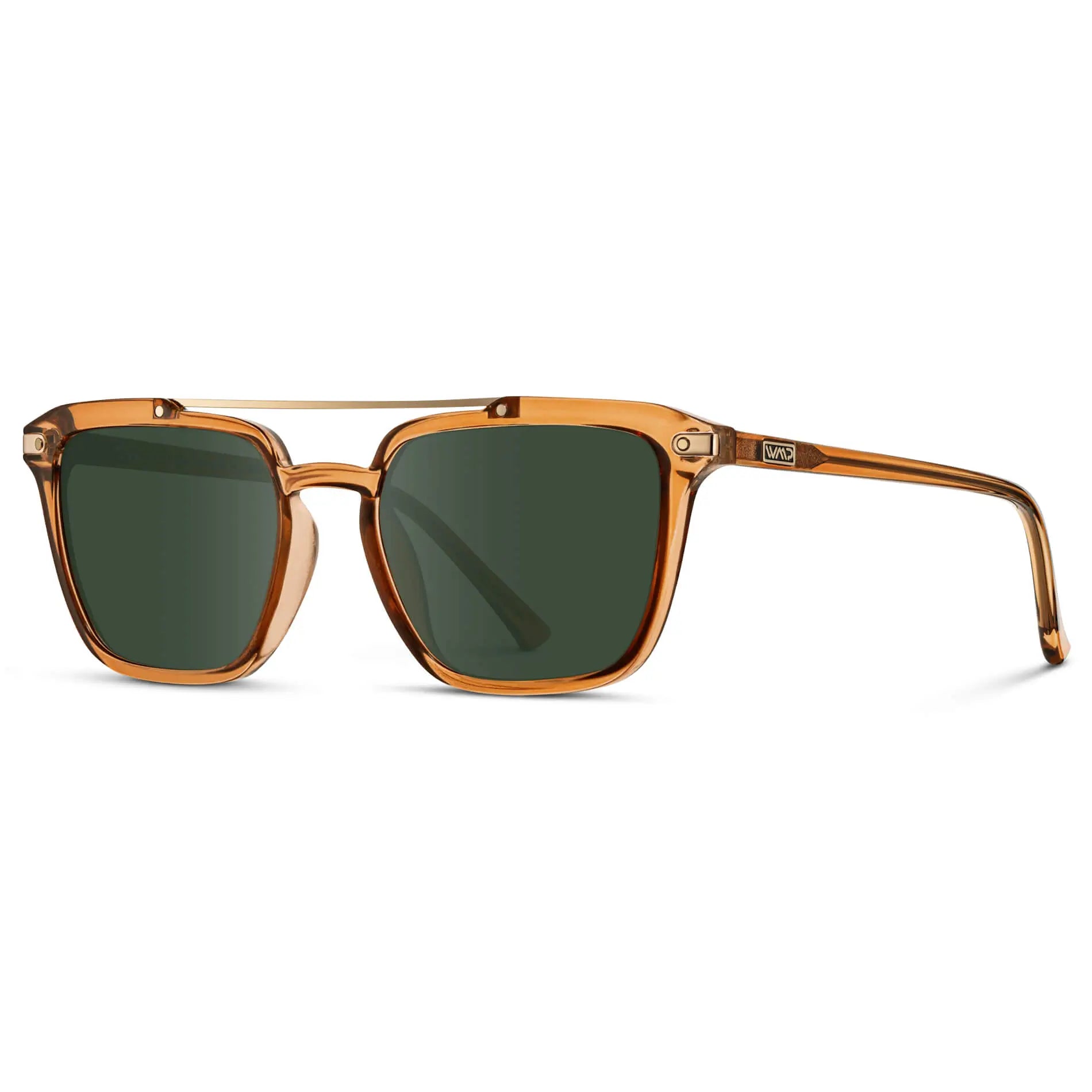 Crystal Brown / G15 || Side view of Men's Square Double Bridge Prescription Sunglasses with Crystal Brown Frame and Green Lenses on a white background