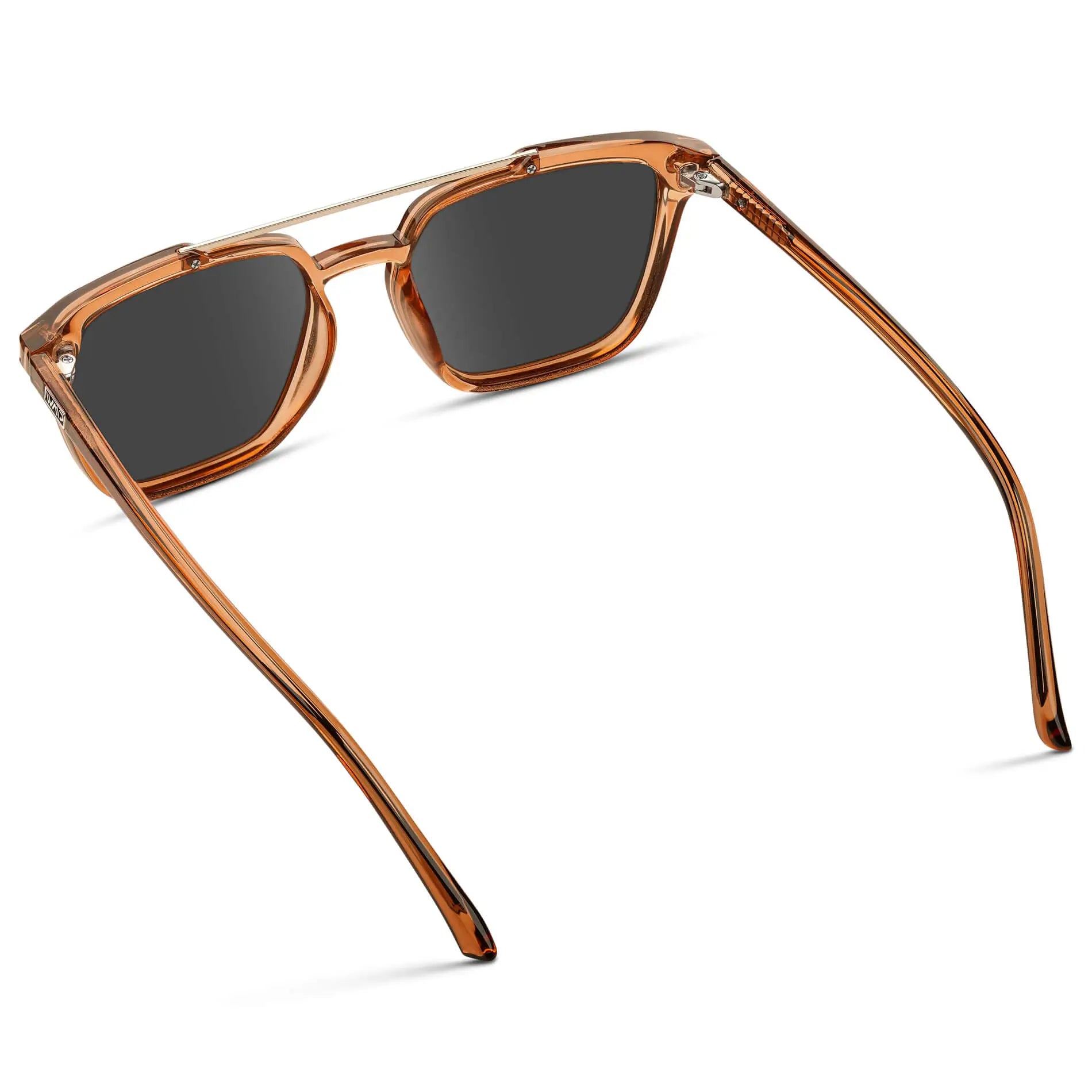 Crystal Brown / Grey || Back view of Men's Square Double Bridge Prescription Sunglasses with Crystal Brown Frame and Grey Lenses on a white background