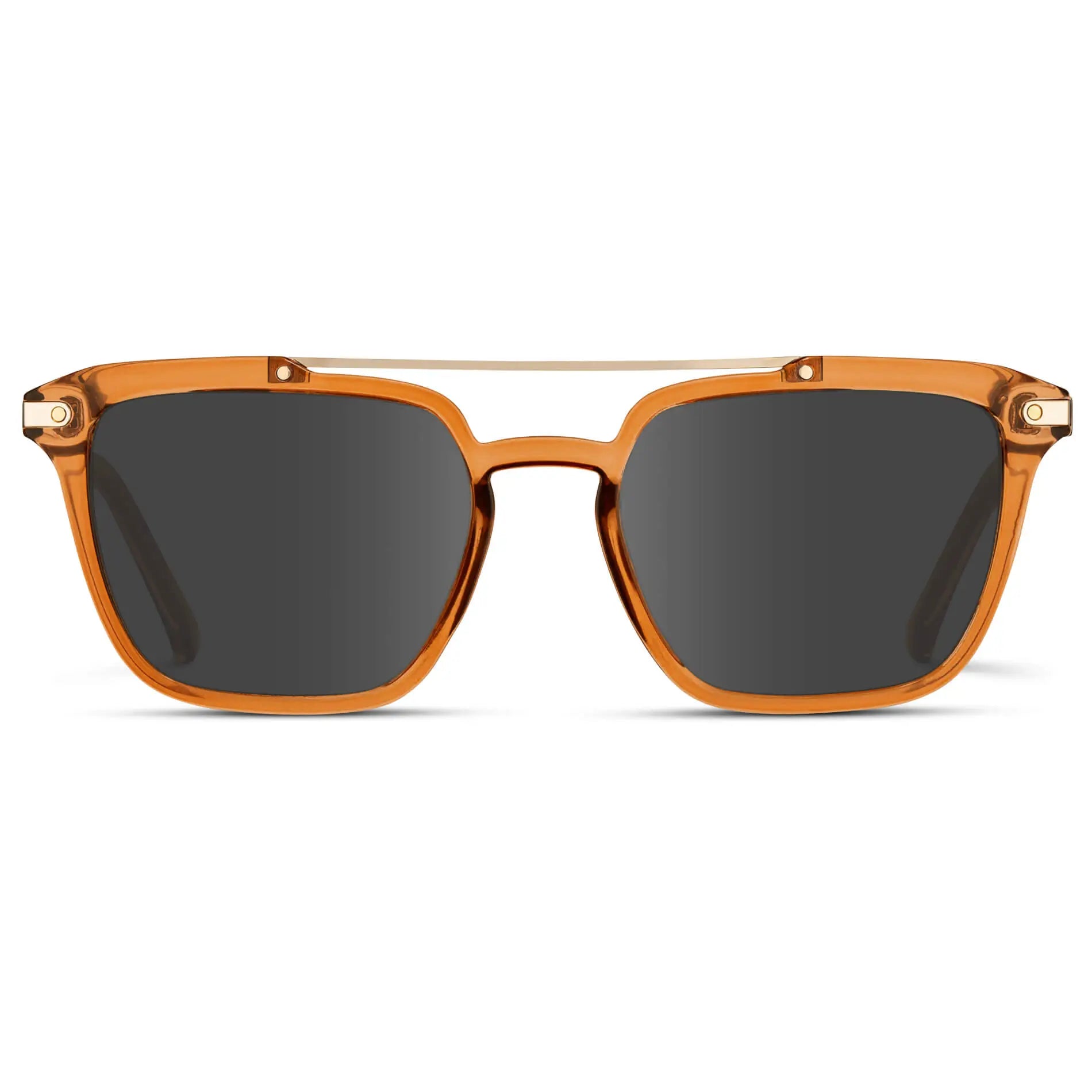 Crystal Brown / Grey || Men's Square Double Bridge Prescription Sunglasses with Crystal Brown Frame and Grey Lenses on a white background