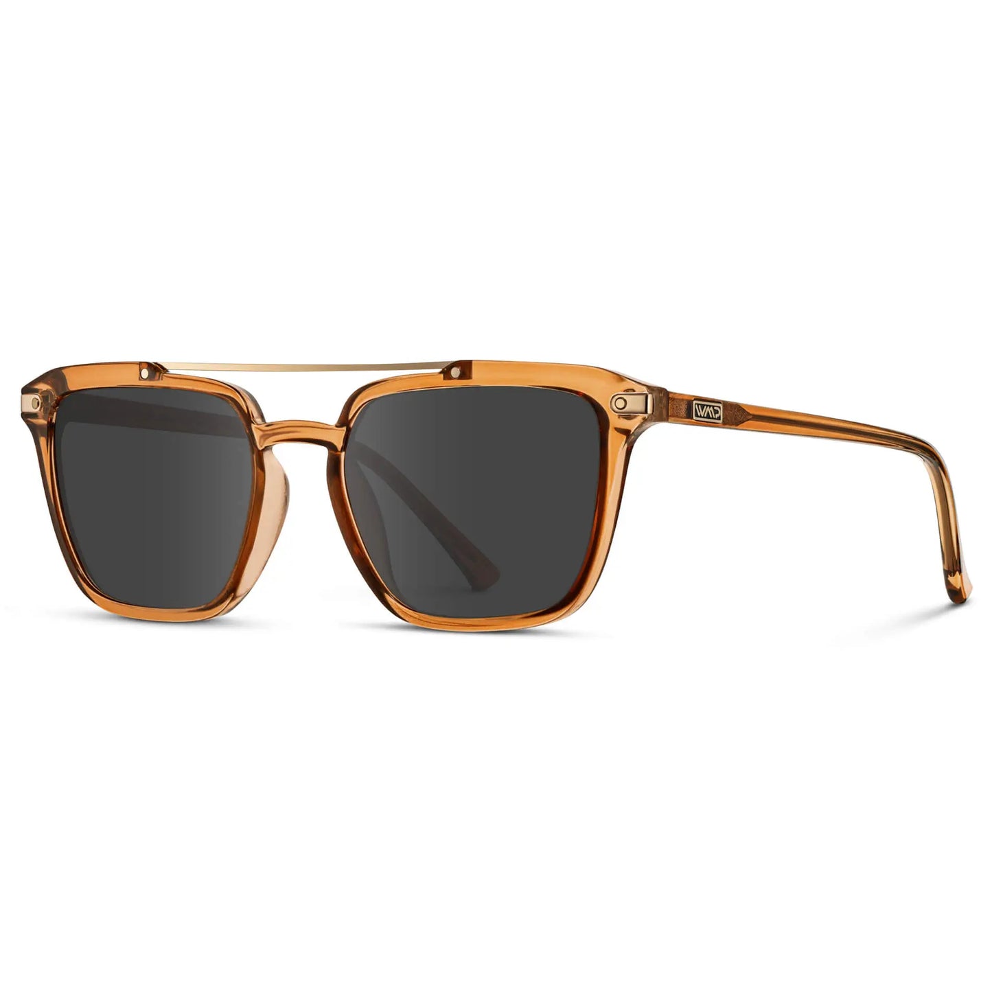 Crystal Brown / Grey || Side view of Men's Square Double Bridge Prescription Sunglasses with Crystal Brown Frame and Grey Lenses on a white background