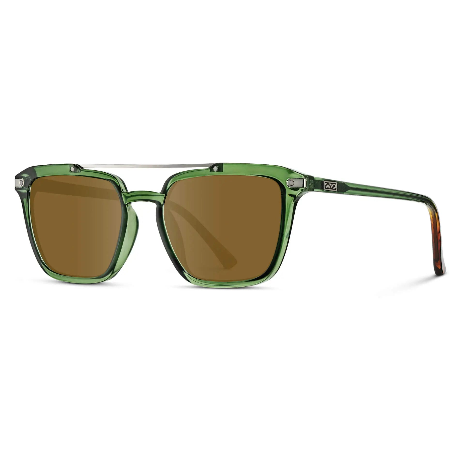 Emerald Green / Amber || Side view of Men's Square Double Bridge Prescription Sunglasses with Emerald Green Frame and Amber Lenses on a white background