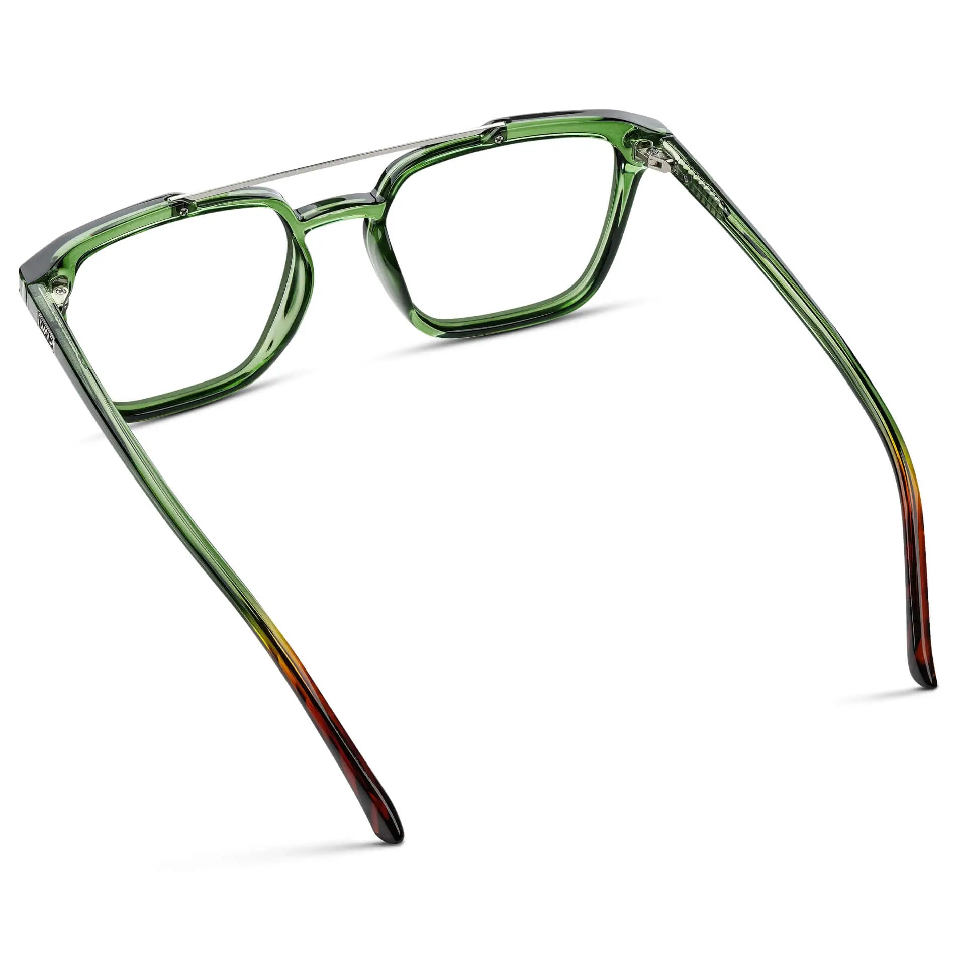 Emerald Green || Back view of Men's Double Bridge Square Eyeglasses with Emerald Green Frame and Clear Prescription Lenses on a white background