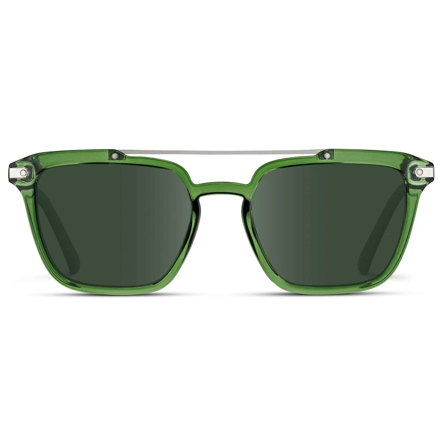 Emerald Green / G15 || Men's Square Double Bridge Prescription Sunglasses with Emerald Green Frame and Green Lenses on a white background