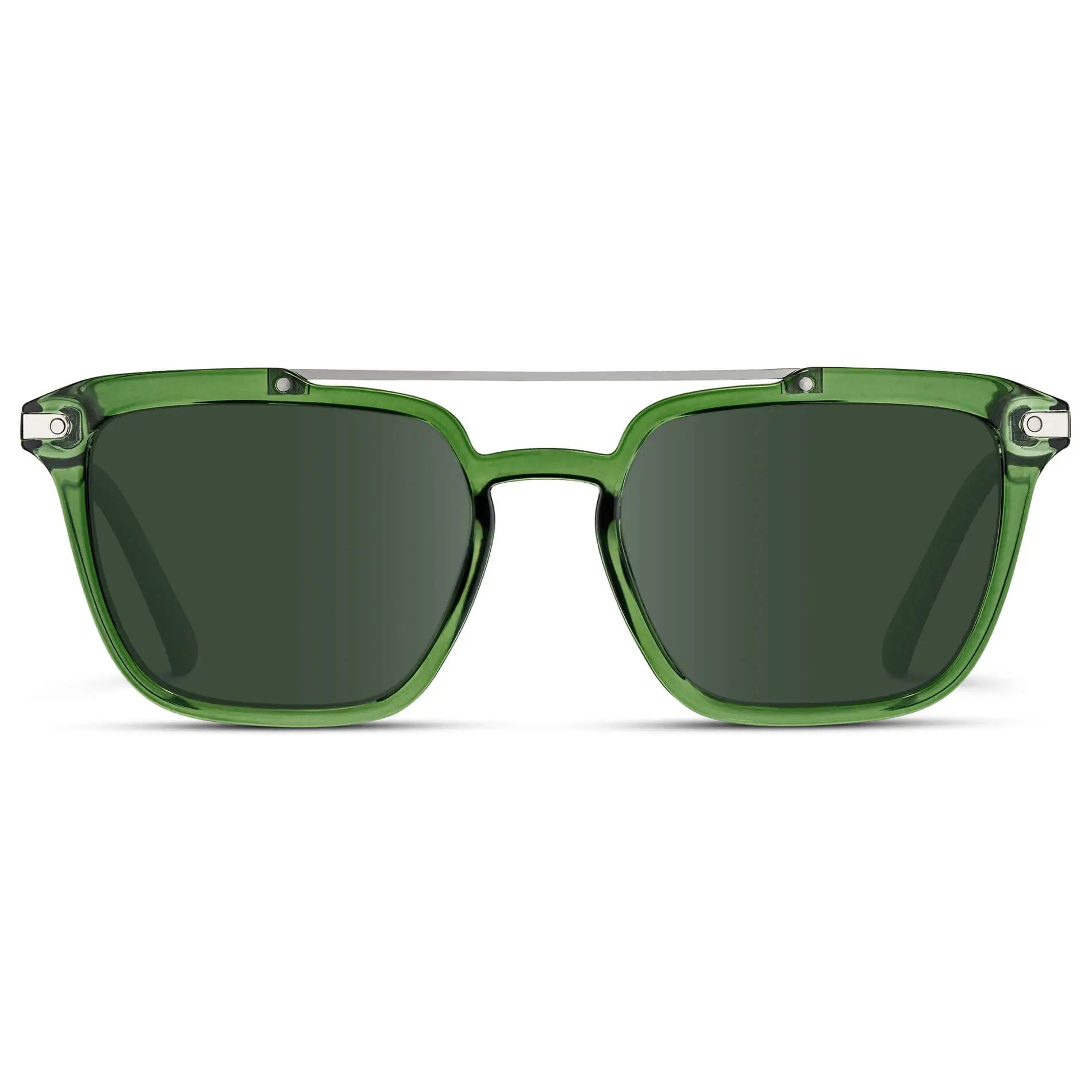 Emerald Green / G15 || Men's Square Double Bridge Prescription Sunglasses with Emerald Green Frame and Green Lenses on a white background