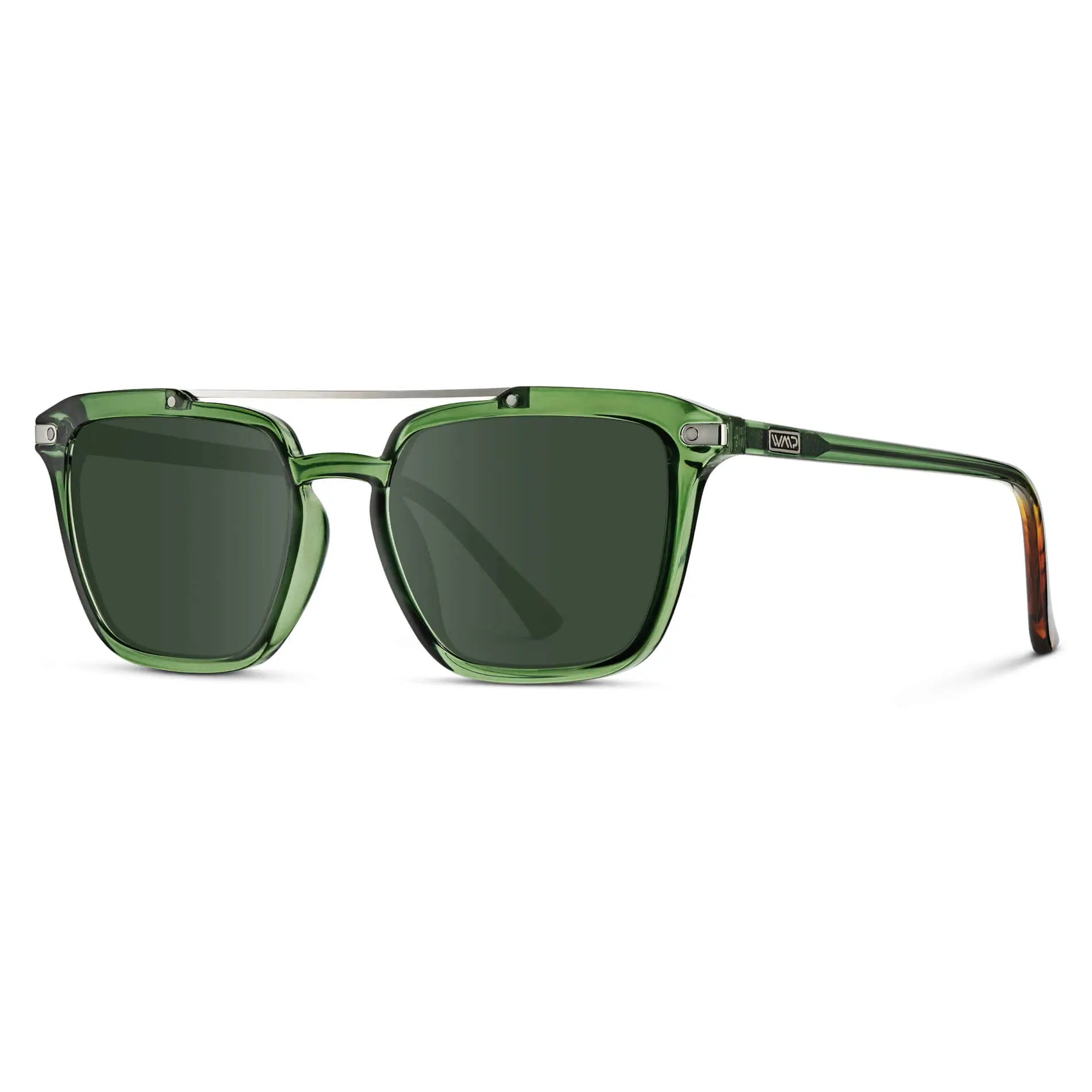 Emerald Green / G15 || Side view of Men's Square Double Bridge Prescription Sunglasses with Emerald Green Frame and Green Lenses on a white background
