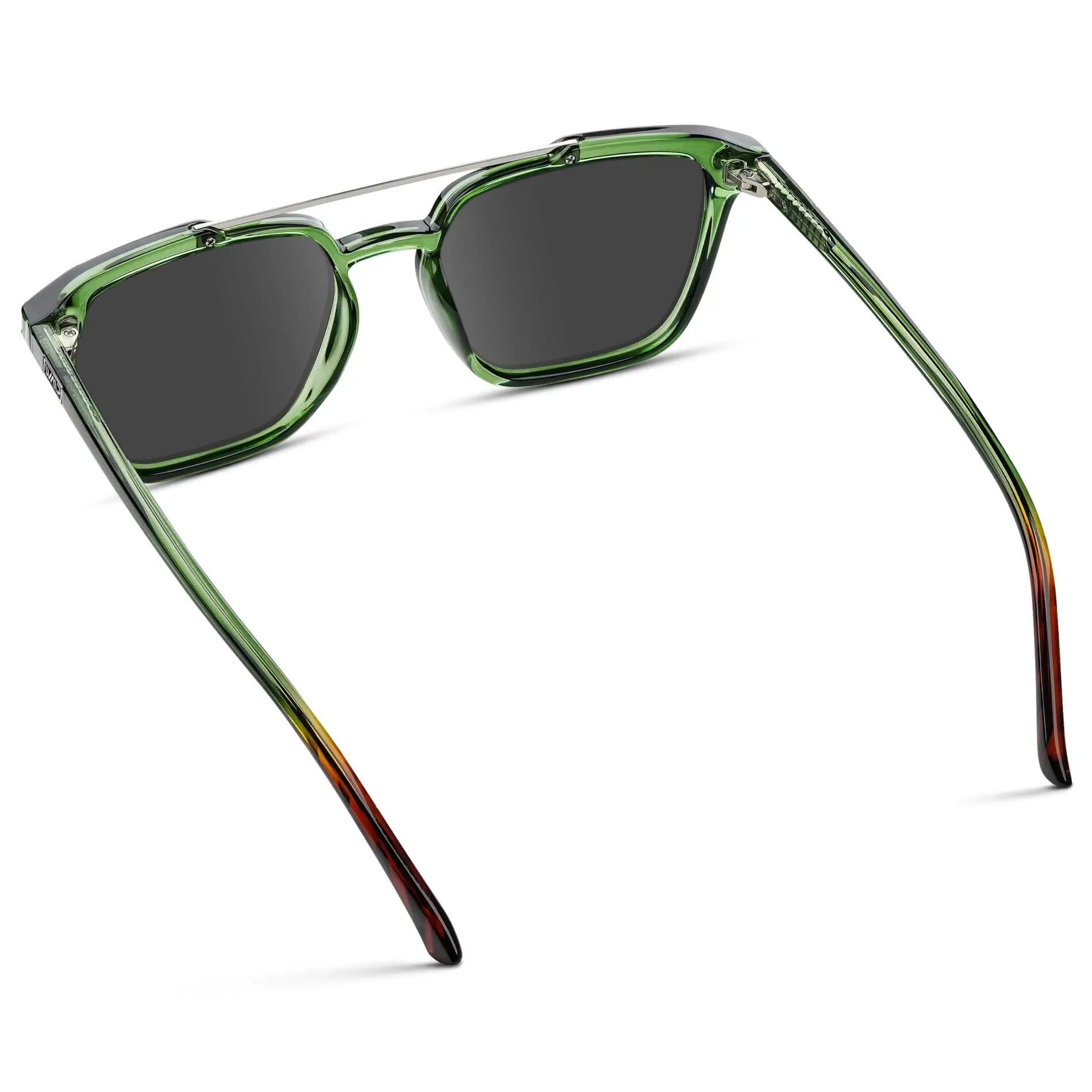 Emerald Green / Grey || Back view of Men's Square Double Bridge Prescription Sunglasses with Emerald Green Frame and Grey Lenses on a white background