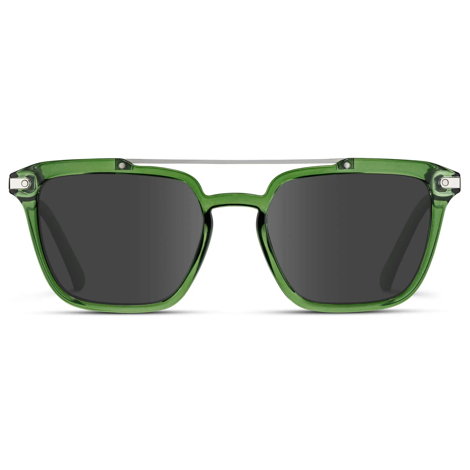 Emerald Green / Grey || Men's Square Double Bridge Prescription Sunglasses with Emerald Green Frame and Grey Lenses on a white background