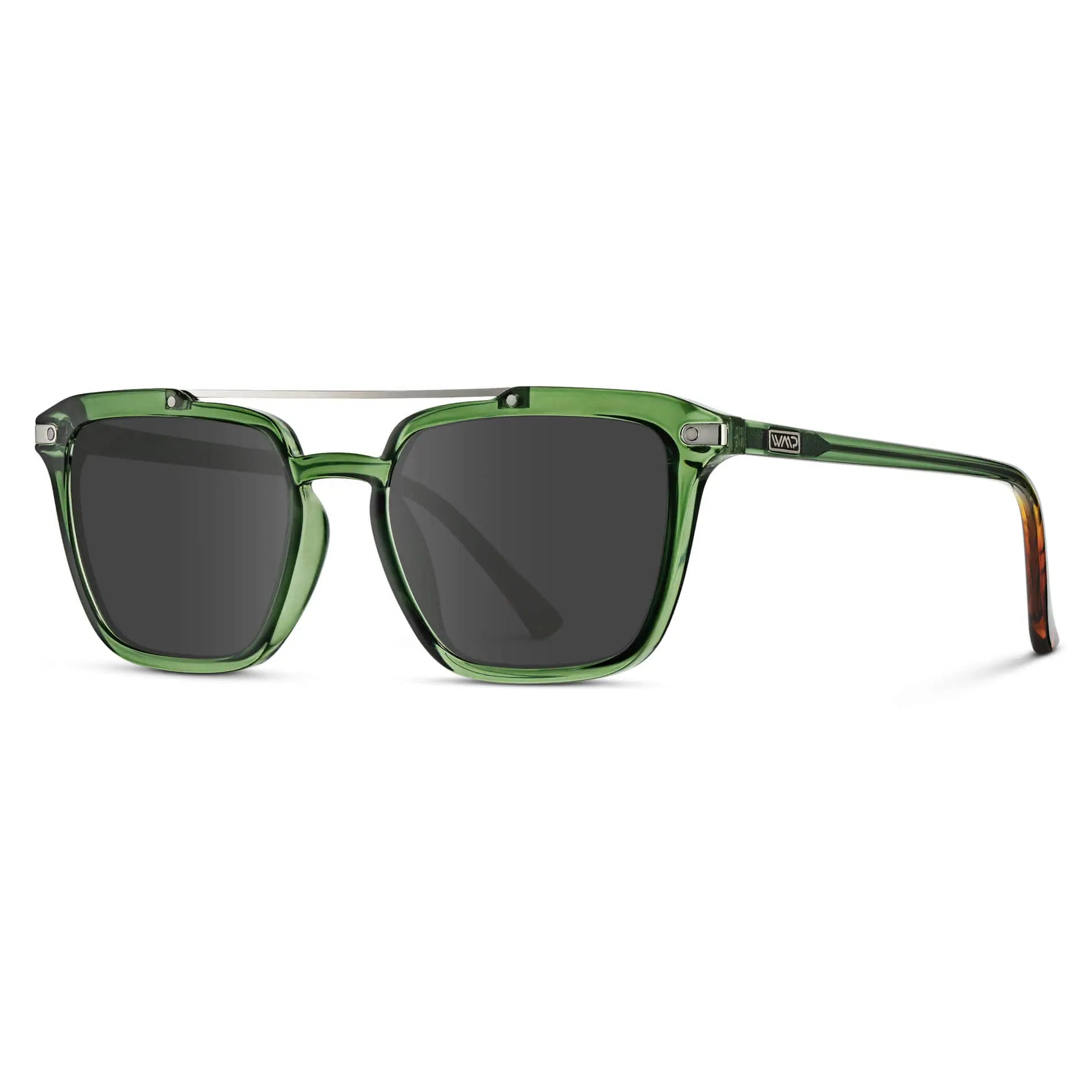Emerald Green / Grey || Side view of Men's Square Double Bridge Prescription Sunglasses with Emerald Green Frame and Grey Lenses on a white background