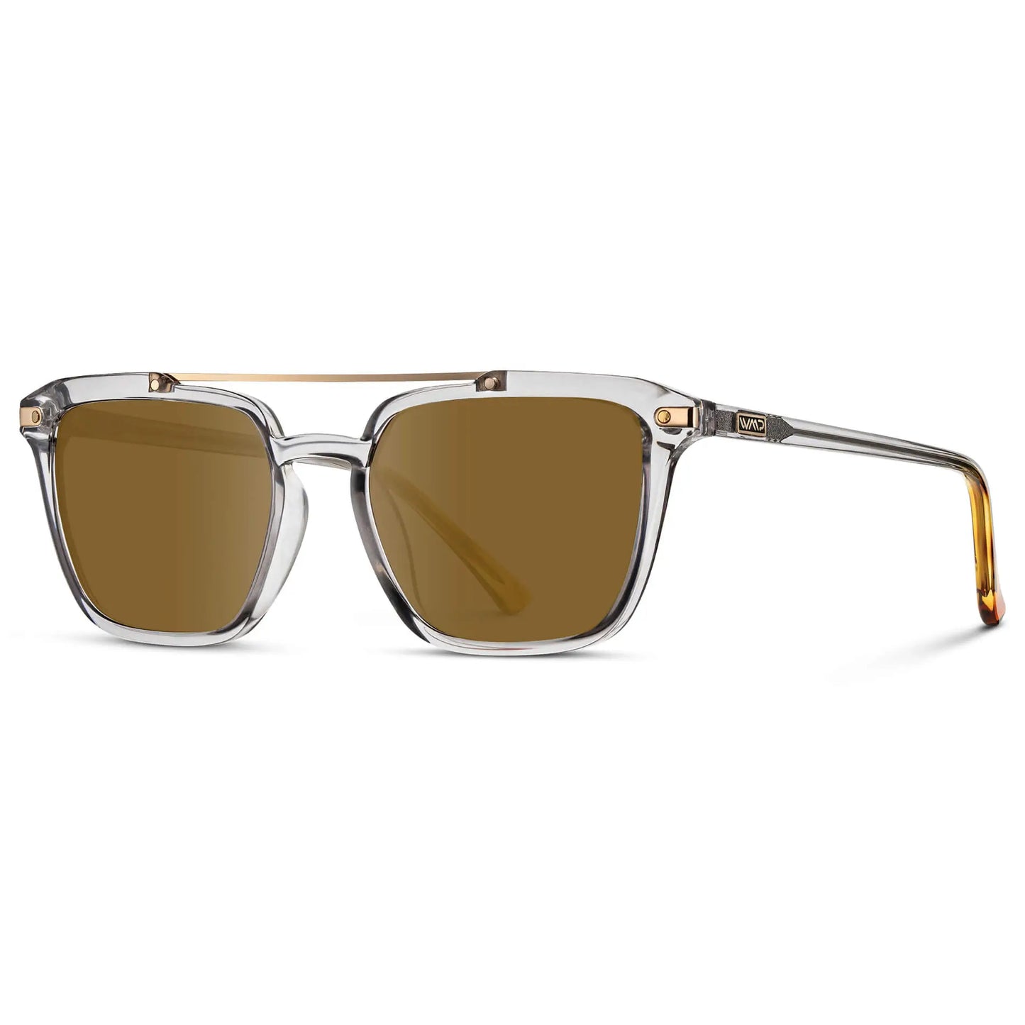 Crystal Ice Grey / Amber || Side view of Men's Square Double Bridge Prescription Sunglasses with Crystal Ice Grey Frame and Amber Lenses on a white background