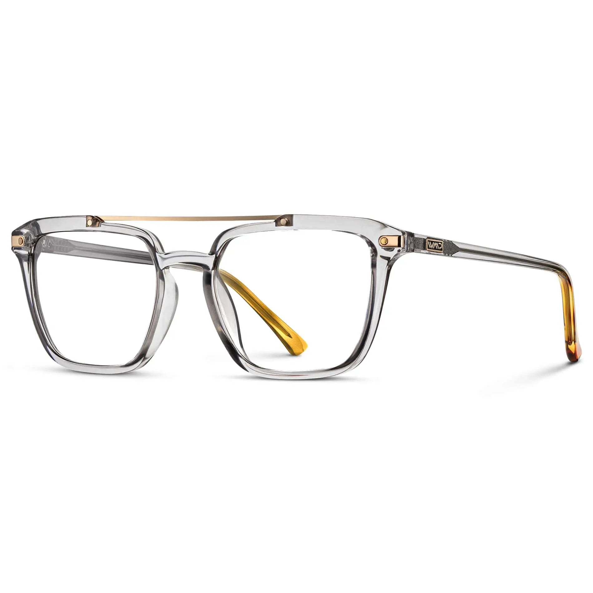 Crystal Ice Grey || Side view of Men's Double Bridge Square Eyeglasses with Crystal Ice Grey Frame and Clear Prescription Lenses on a white background