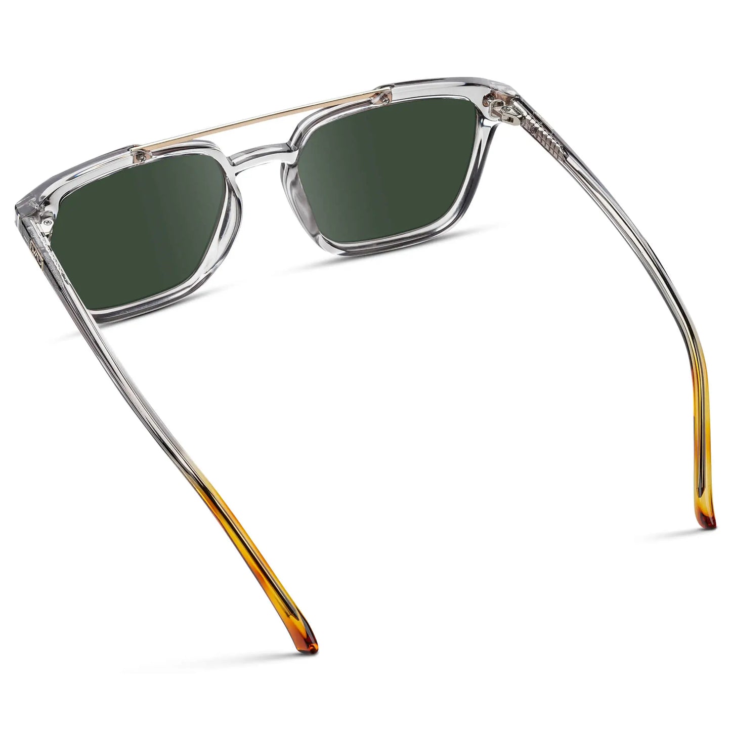 Crystal Ice Grey / G15 || Back view of Men's Square Double Bridge Prescription Sunglasses with Crystal Ice Grey Frame and Green Lenses on a white background