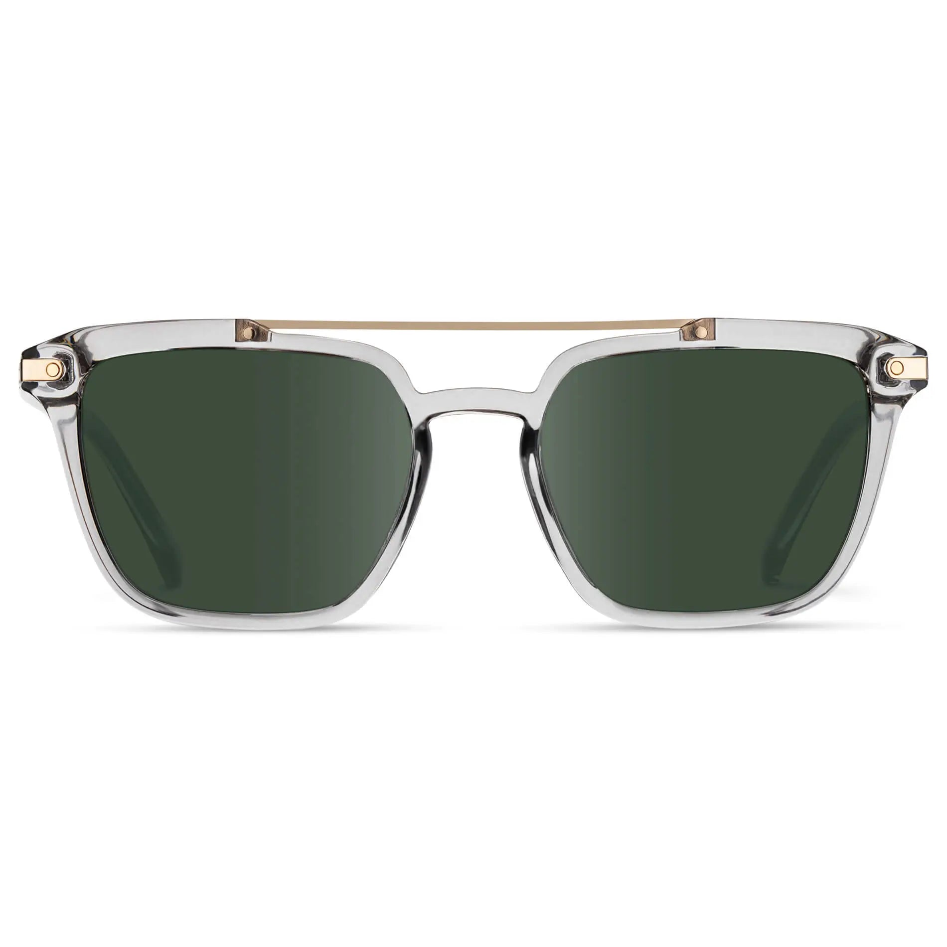 Crystal Ice Grey / G15 || Men's Square Double Bridge Prescription Sunglasses with Crystal Ice Grey Frame and Green Lenses on a white background