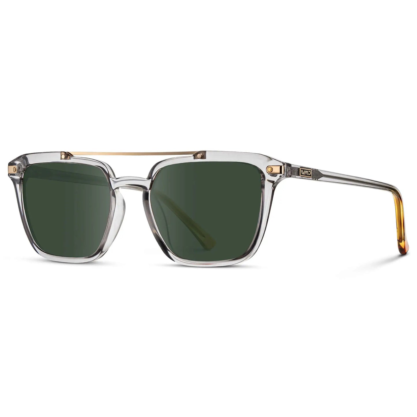 Crystal Ice Grey / G15 || Side view of Men's Square Double Bridge Prescription Sunglasses with Crystal Ice Grey Frame and Green Lenses on a white background