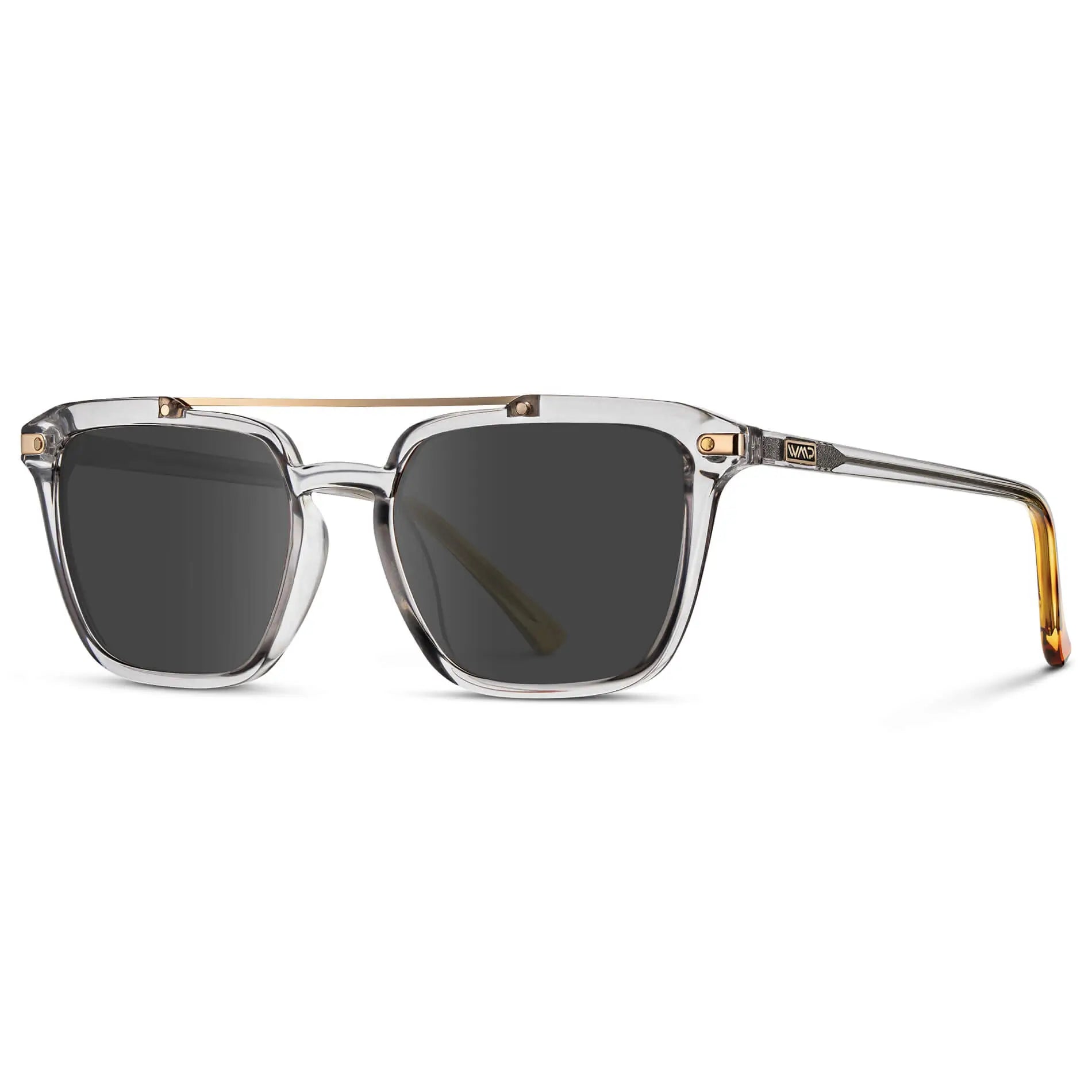 Crystal Ice Grey / Grey || Side view of Men's Square Double Bridge Prescription Sunglasses with Crystal Ice Grey Frame and Grey Lenses on a white background