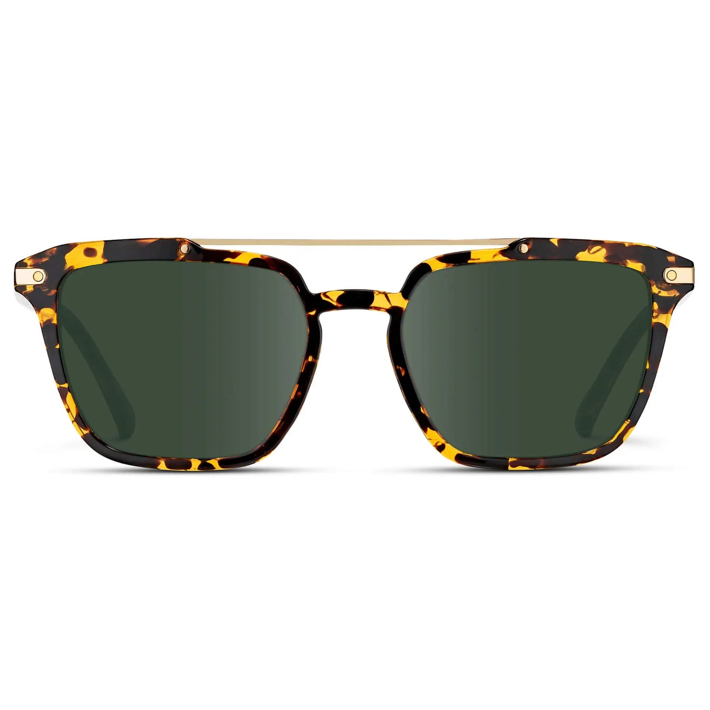 Amber Tortoise / G15 || Men's Square Double Bridge Prescription Sunglasses with Amber Tortoise Frame and Green Lenses on a white background