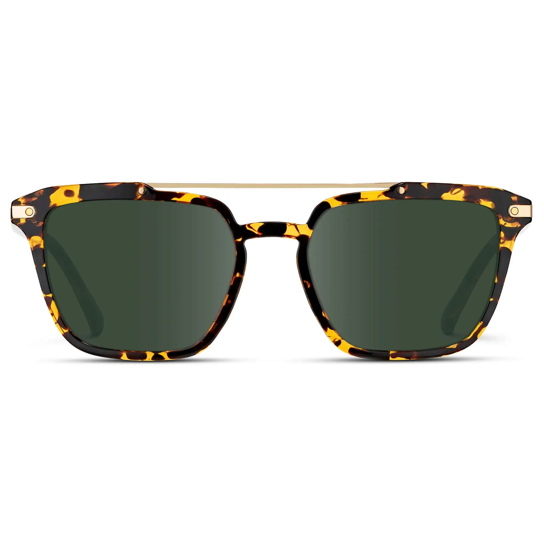 Amber Tortoise / G15 || Men's Square Double Bridge Prescription Sunglasses with Amber Tortoise Frame and Green Lenses on a white background