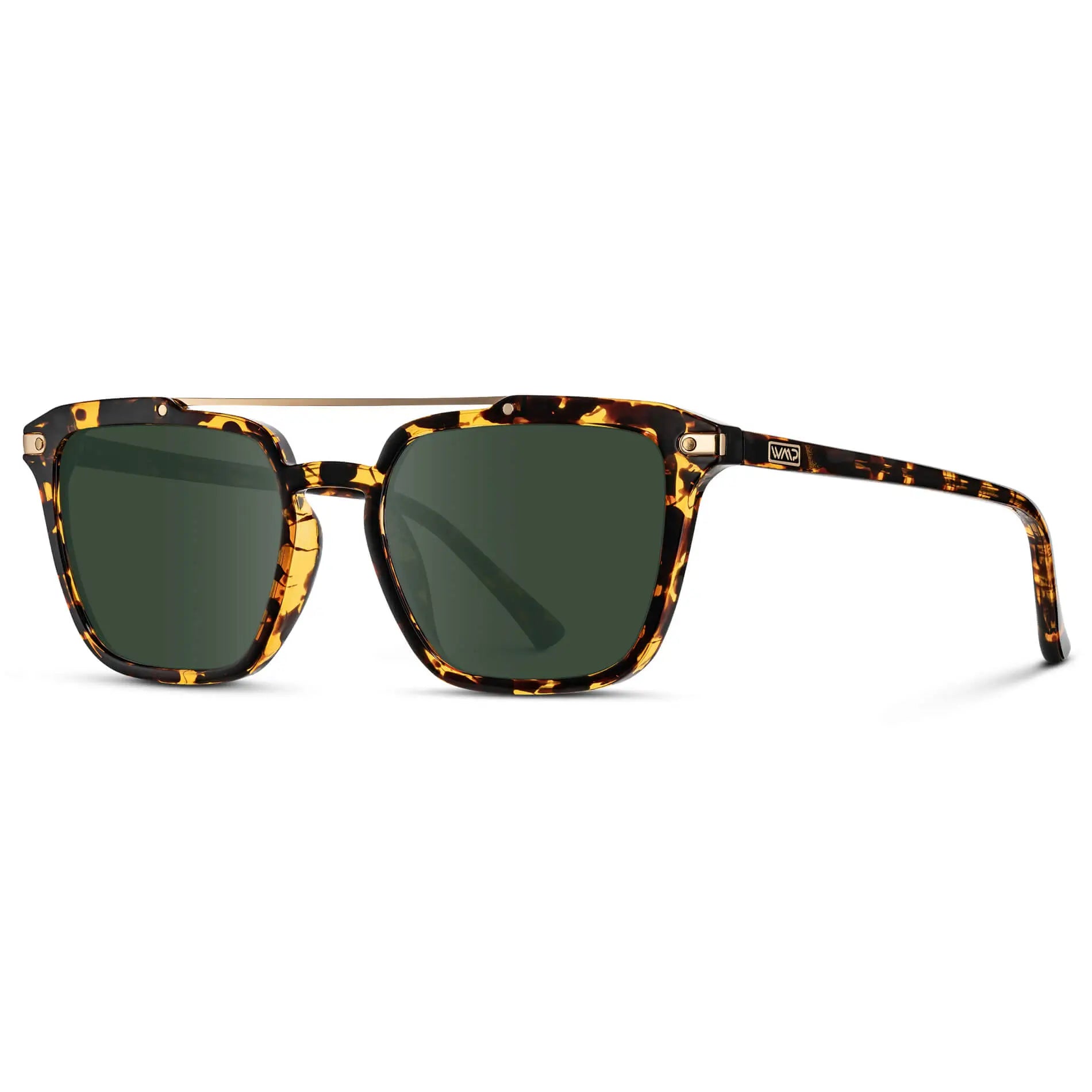 Amber Tortoise / G15 || Side view of Men's Square Double Bridge Prescription Sunglasses with Amber Tortoise Frame and Amber Lenses on a white background