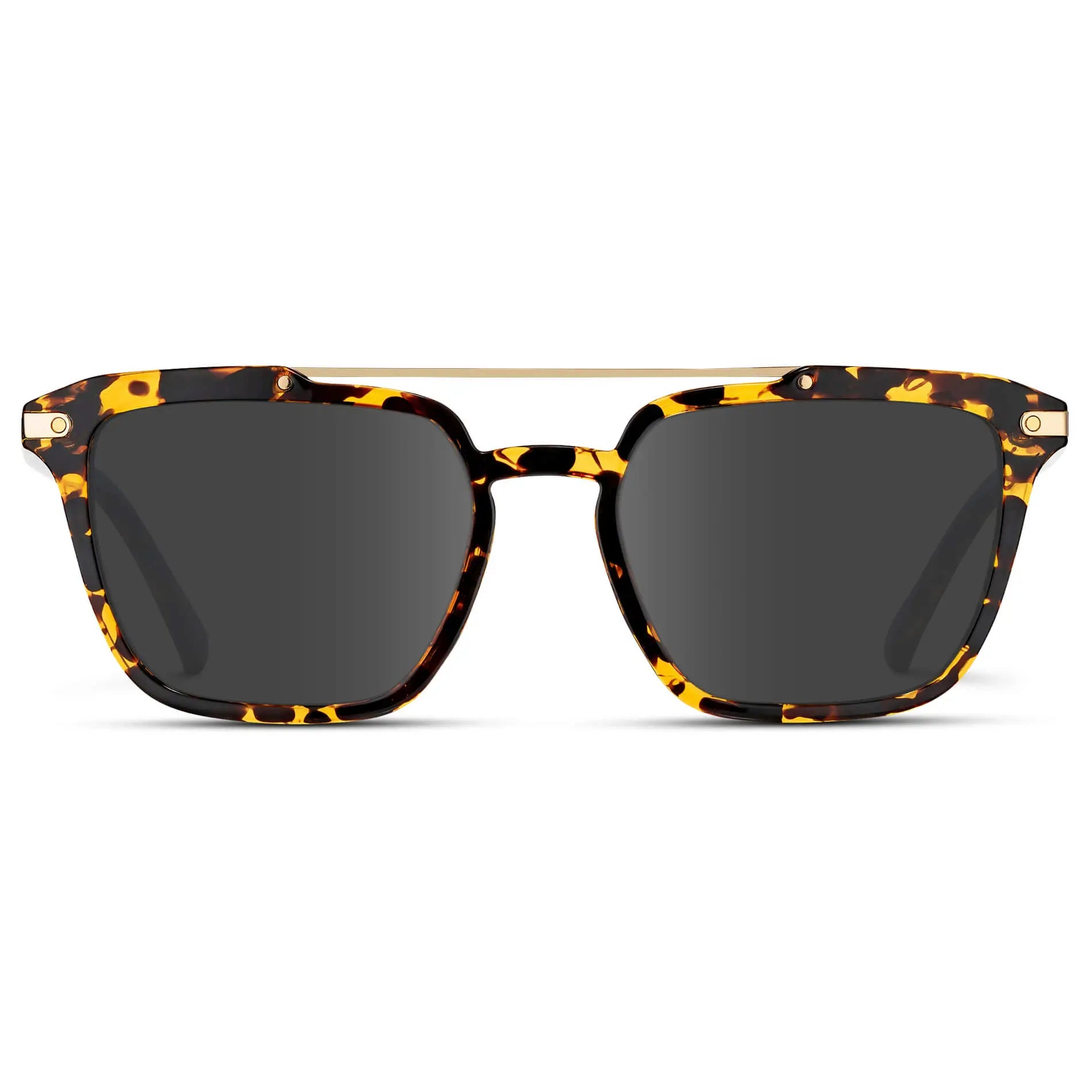 Amber Tortoise / Grey || Men's Square Double Bridge Prescription Sunglasses with Amber Tortoise Frame and Grey Lenses on a white background