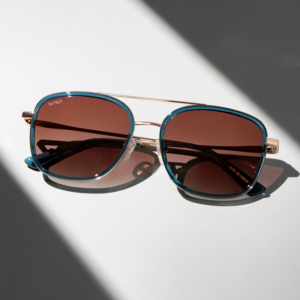 Crystal Cobalt / Gradient Brown Lens || Blue Aviator Frame Sunglasses with Brown Polarized Lenses
