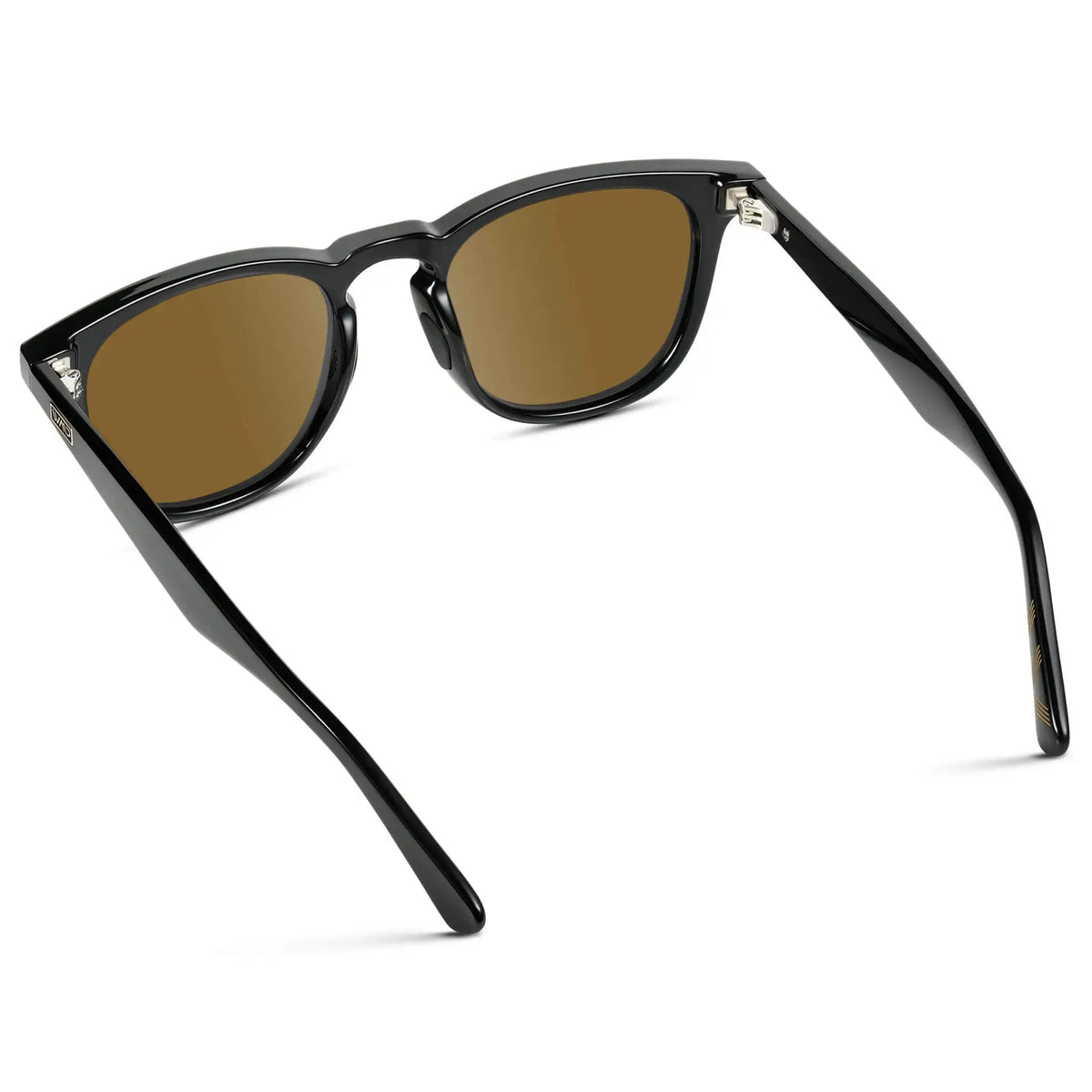 Back view of Men's Medium Fit Round Prescription Sunglasses with Black Frame and Brown Lens on a white background