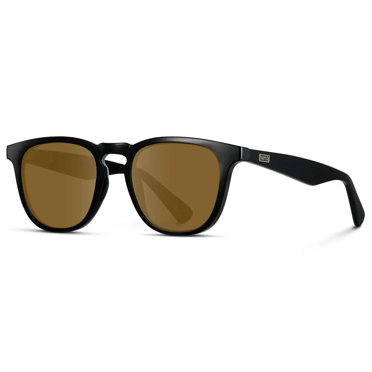 Side view of Men's Medium Fit Round Prescription Sunglasses with Black Frame and Brown Lens on a white background