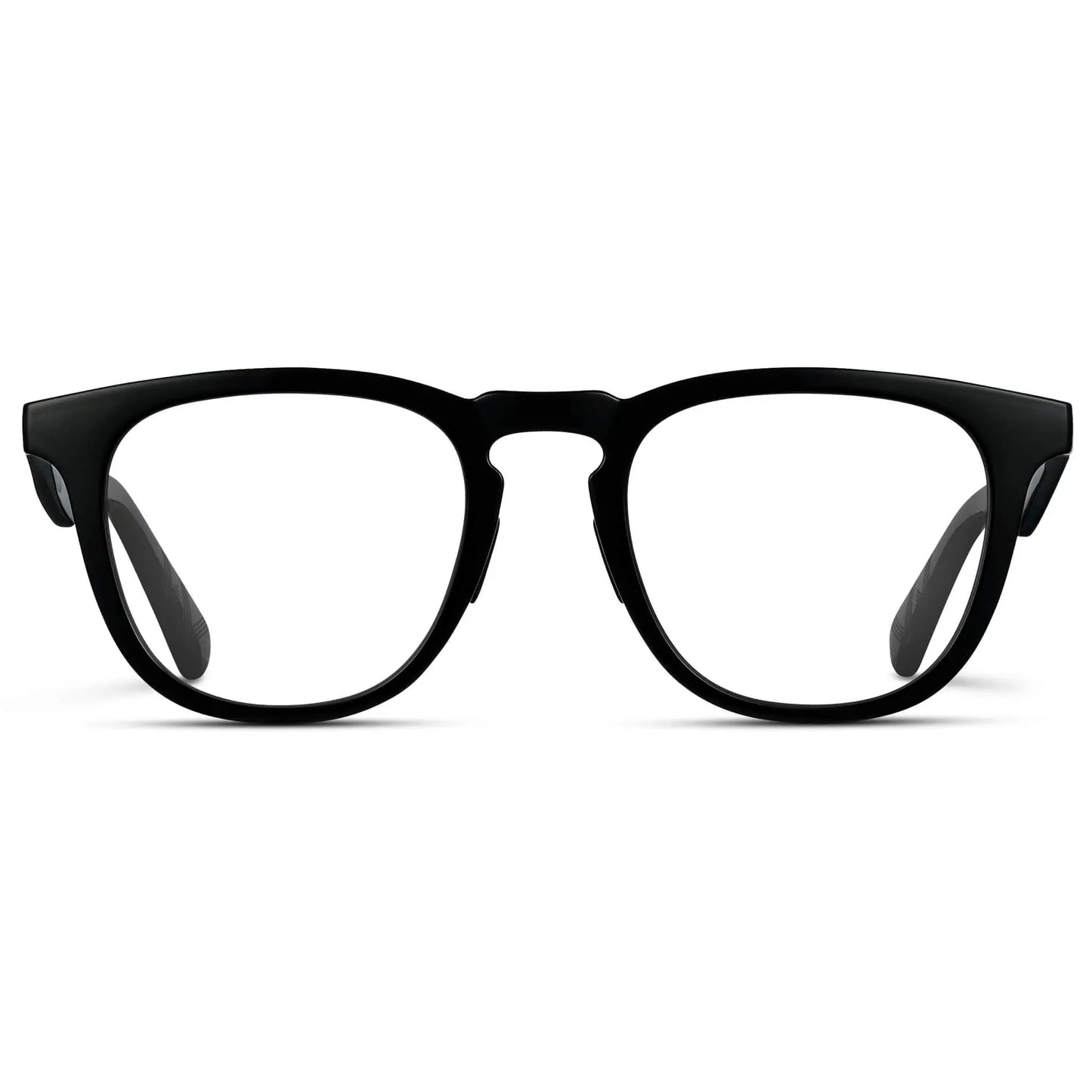 Black || Men's Round Prescription Glasses with Black Frame and Clear Lenses on a white background 