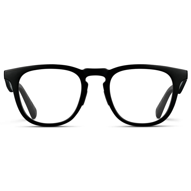 Black || Men's Round Prescription Glasses with Black Frame and Clear Lenses on a white background 
