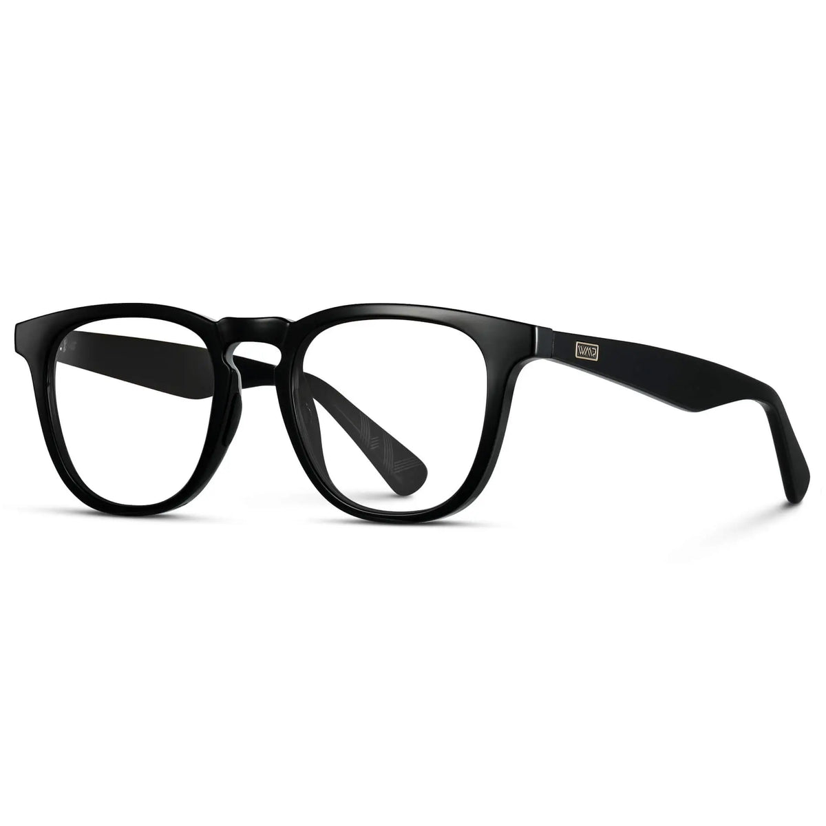 Side view of Men's Medium Fit Round Prescription Glasses with Black Frame and Clear Lens on a white background