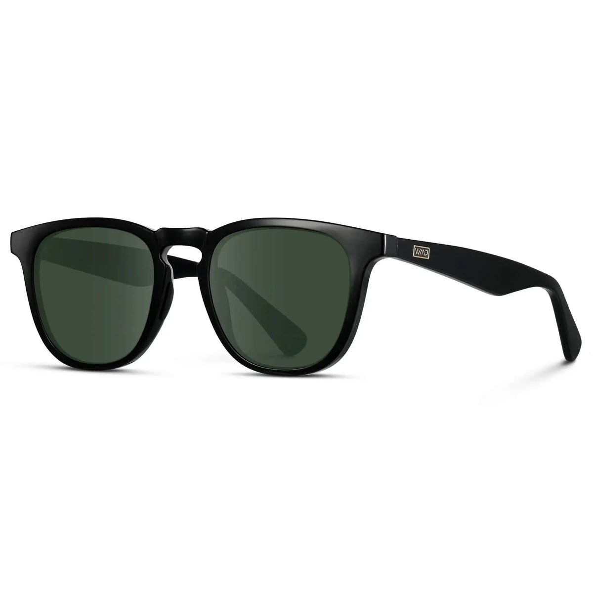 Side view of Men's Wide Fit Round Prescription Sunglasses with Black Frame and Green Lens on a white background