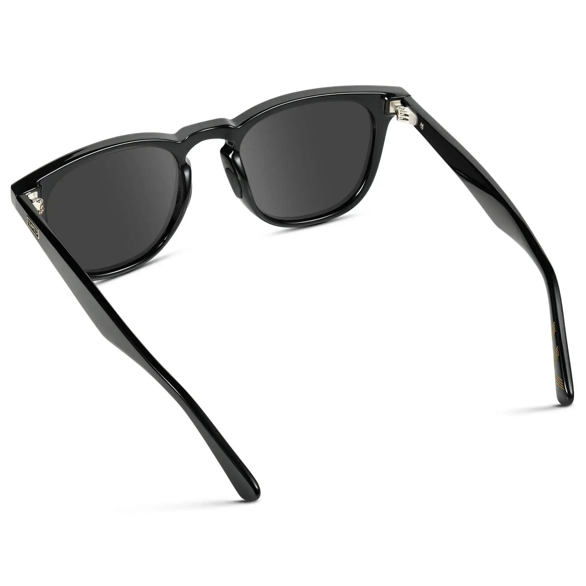 Back view of Men's Wide Fit Round Prescription Sunglasses with Black Frame and Grey Lens on a white background