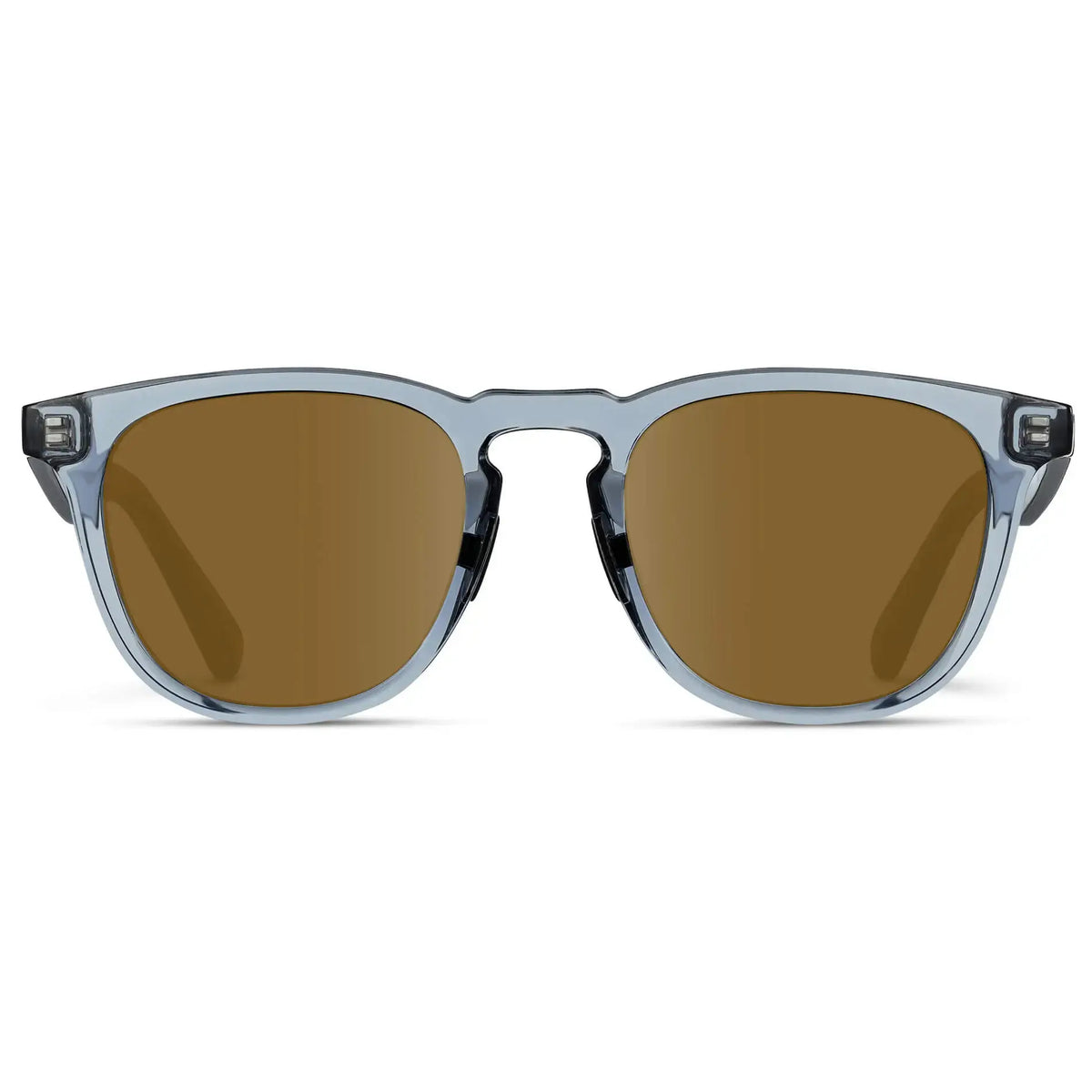 Front view of Men's Medium Fit Round Prescription Sunglasses with Denim Blue Frame and Brown Lens on a white background