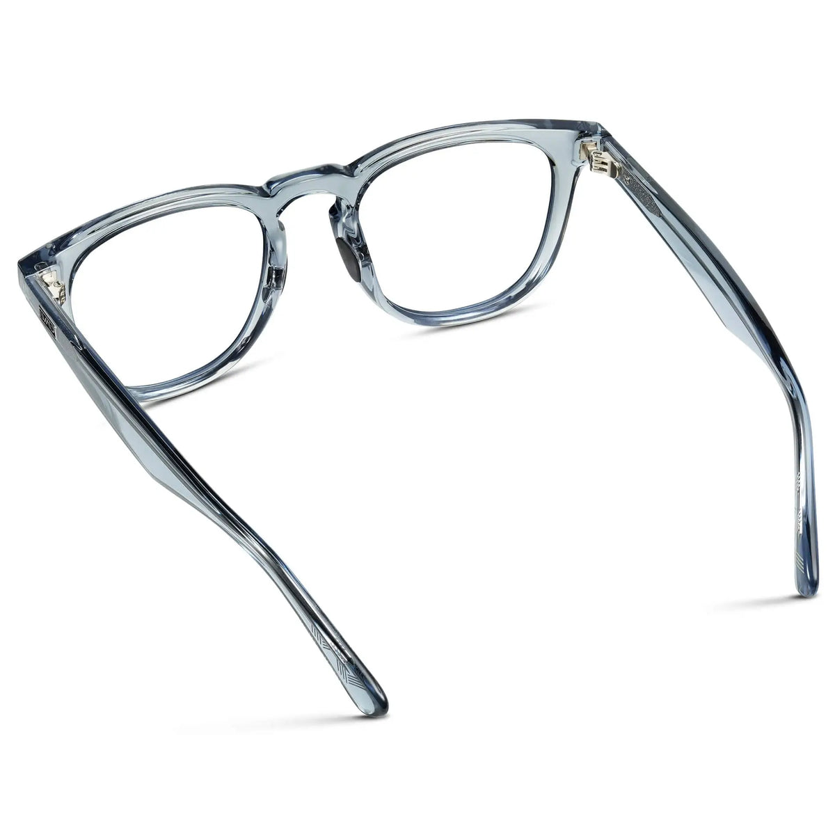 Back view of Men's Medium Fit Round Prescription Glasses with Denim Blue Frame and Clear Lens on a white background