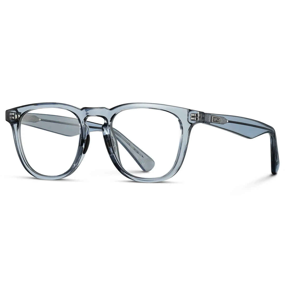 Side view of Men's Medium Fit Round Prescription Glasses with Denim Blue Frame and Clear Lens on a white background
