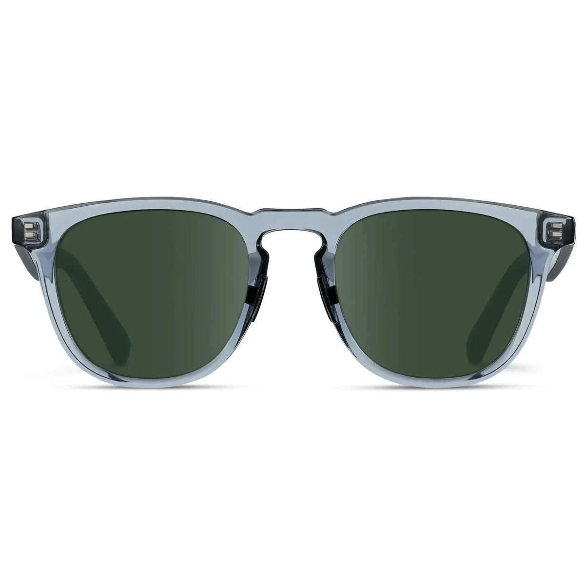 Front view of Men's Wide Fit Round Prescription Sunglasses with Denim Blue Frame and Green Lens on a white background