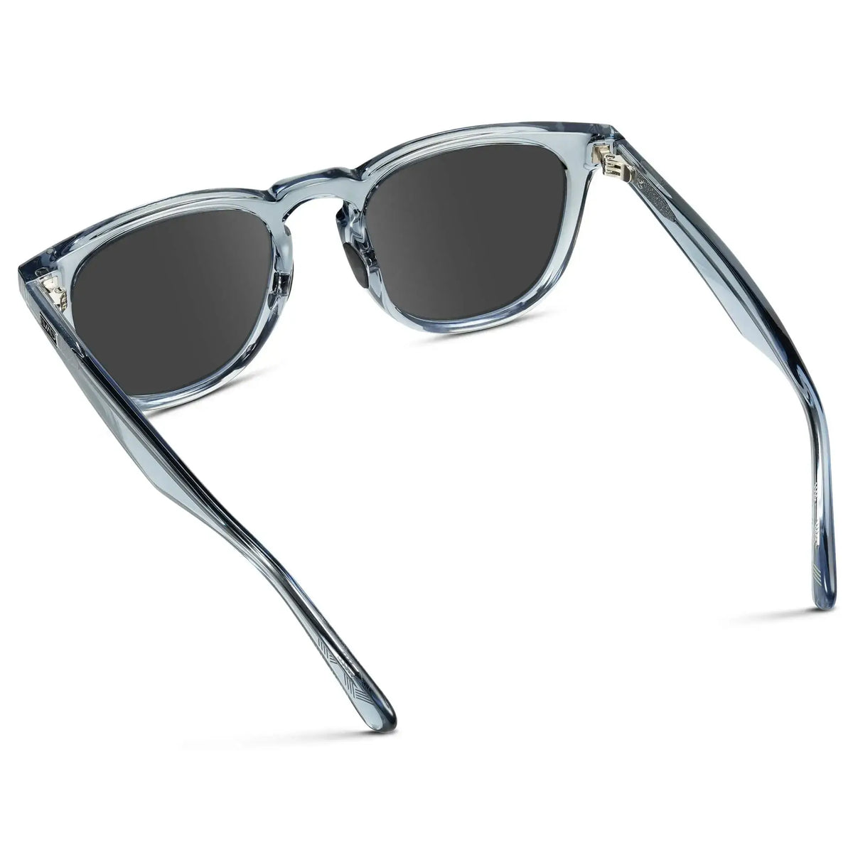Back view of Men's Medium Fit Round Prescription Sunglasses with Denim Blue Frame and Grey Lens on a white background